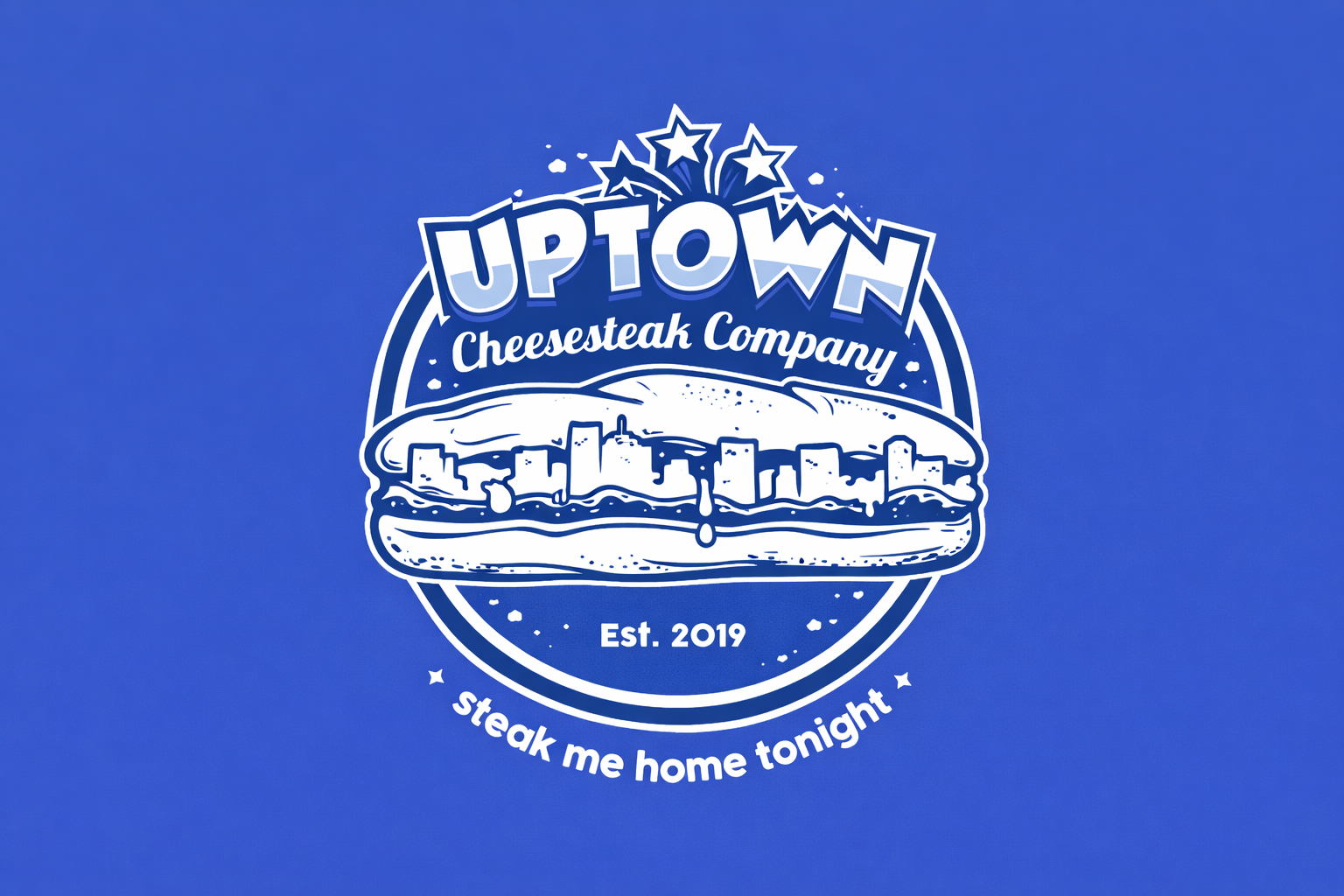 Logo of Uptown Cheesesteak Company with a cityscape and a cheesesteak sandwich, established 2019, on a blue background.