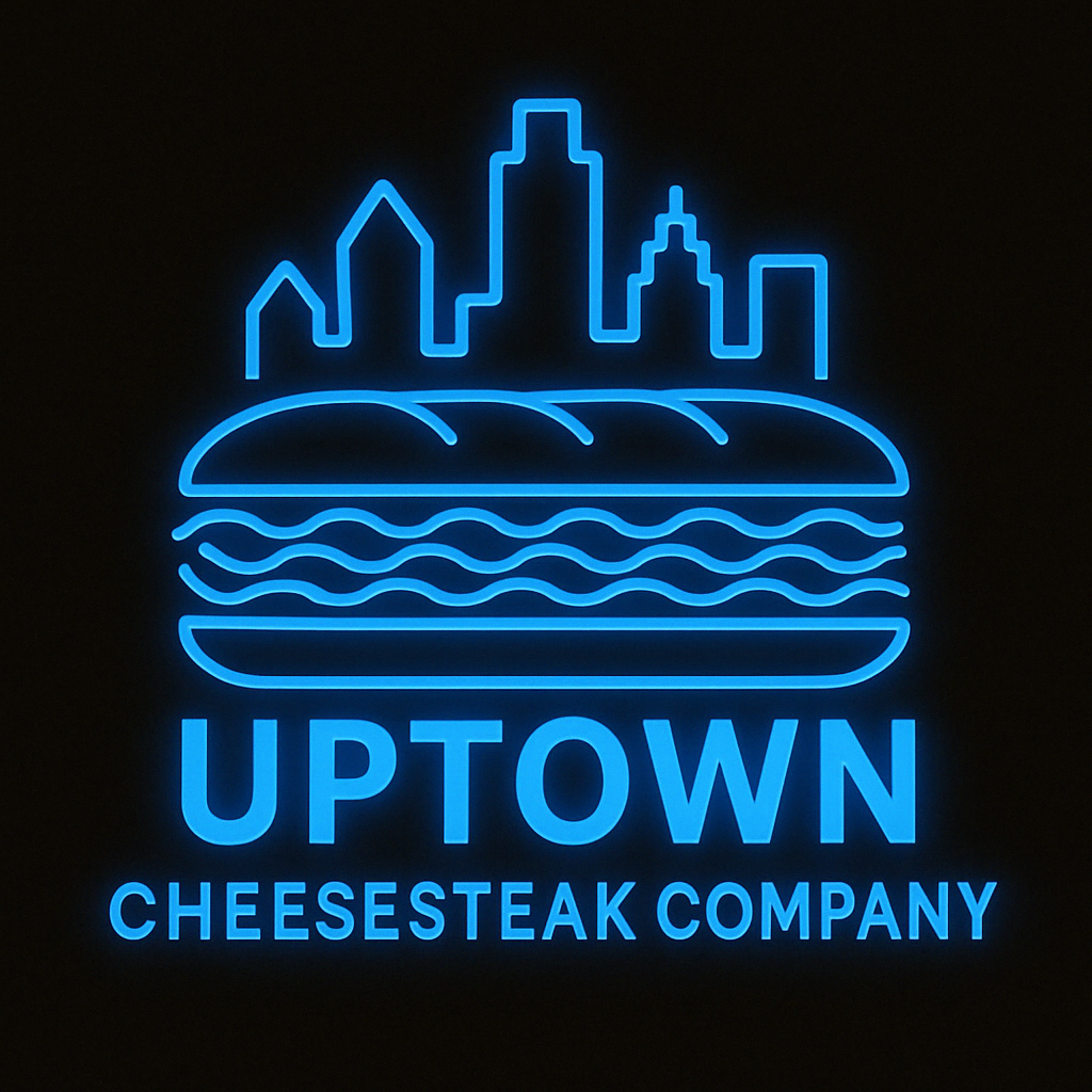 Blue neon sign of a city skyline, a cheeseburger, and water waves with the text "Uptown Cheesesteak Company" underneath.