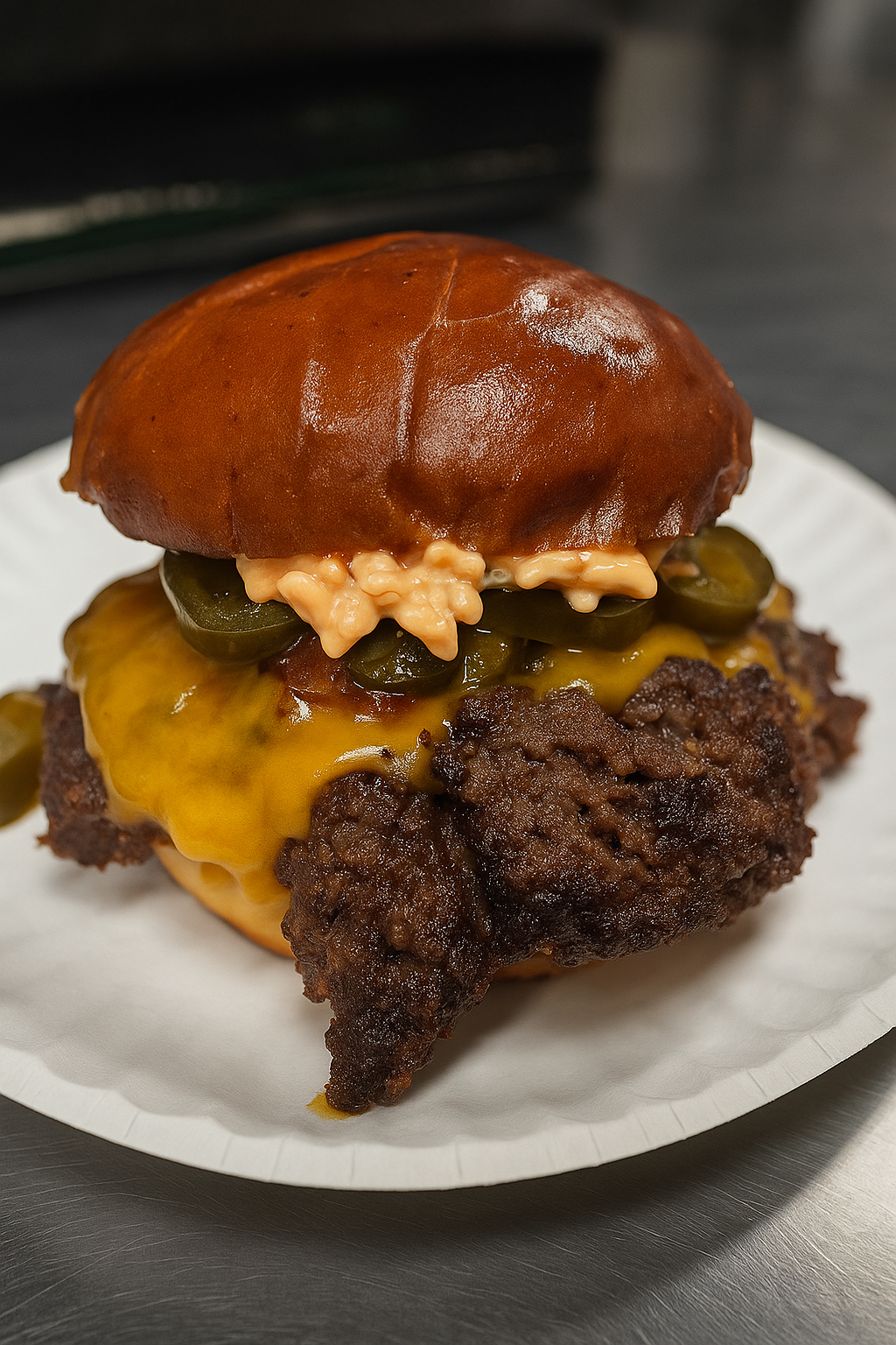 A cheeseburger with pickles, melted cheese, and mayonnaise in a glossy bun on a white paper plate.