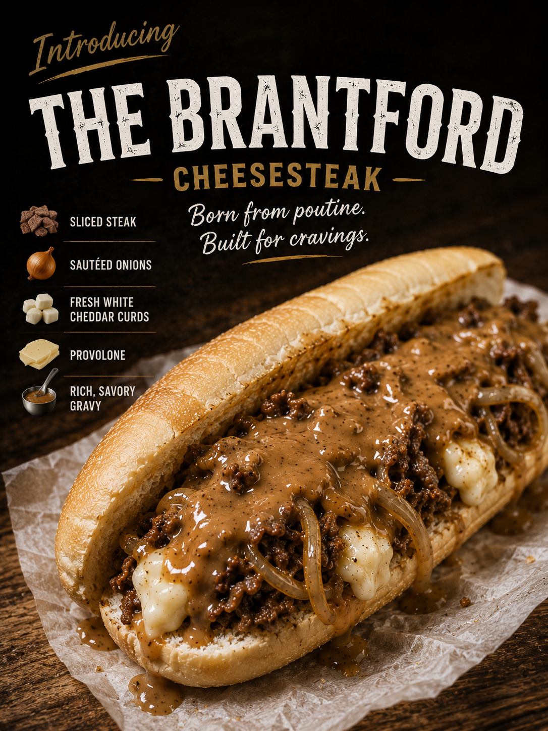Close-up of a cheesesteak sandwich with sliced steak, sautéed onions, white cheddar curds, provolone cheese, and rich gravy in a hoagie roll.