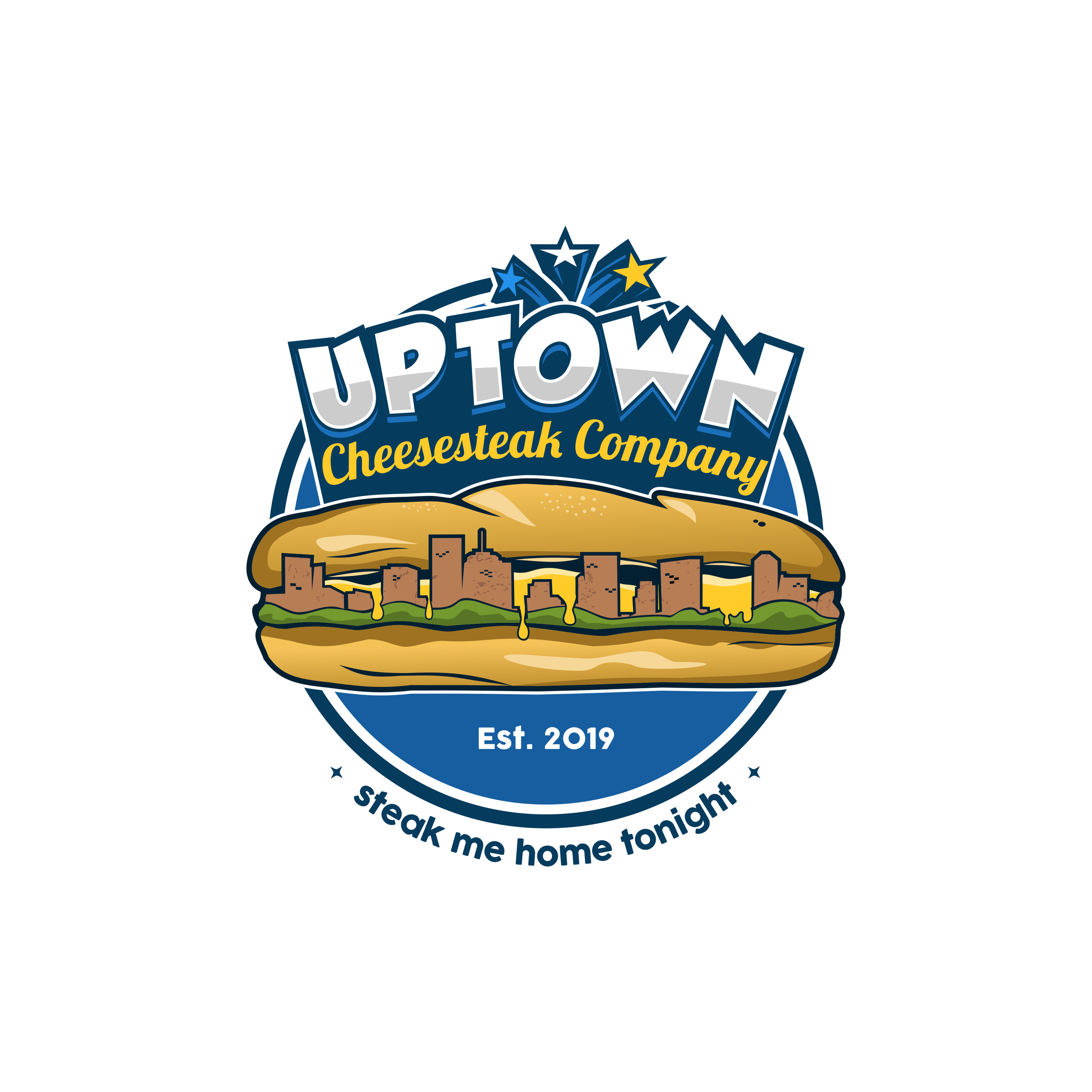 Logo of UPIOWO Cheesesteak Company featuring a cheesesteak sandwich, city skyline, and stars, with the text "Steak me home tonight" and establishment year 2019.