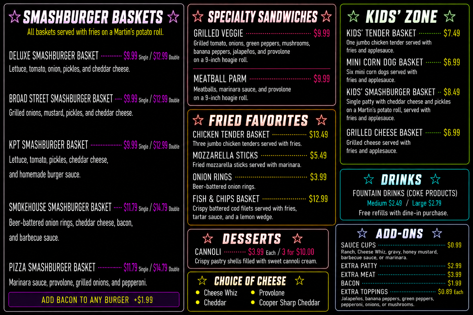 Menu board with sections: Smashburger Baskets, Specialty Sandwiches, Fried Favorites, Kids' Zone, Drinks, Desserts, and Add-Ons, featuring various burger baskets, sandwiches, fried items, kids' meals, drinks, and desserts.