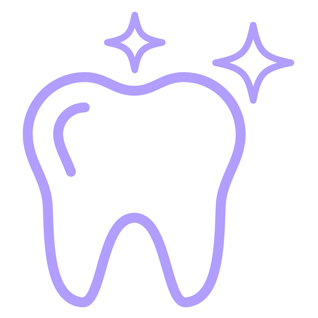 Outline of a shining tooth and sparkles, symbolizing cleanliness or dental health.