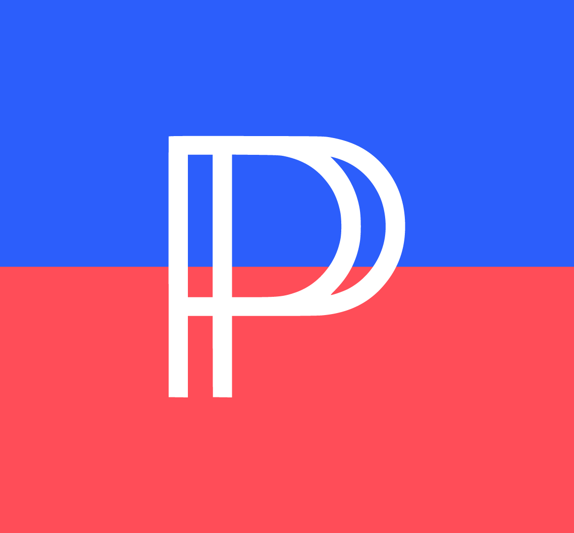 A logo with a blue upper background and a red lower background featuring a large white letter 'P' overlapping the letter 'D'.