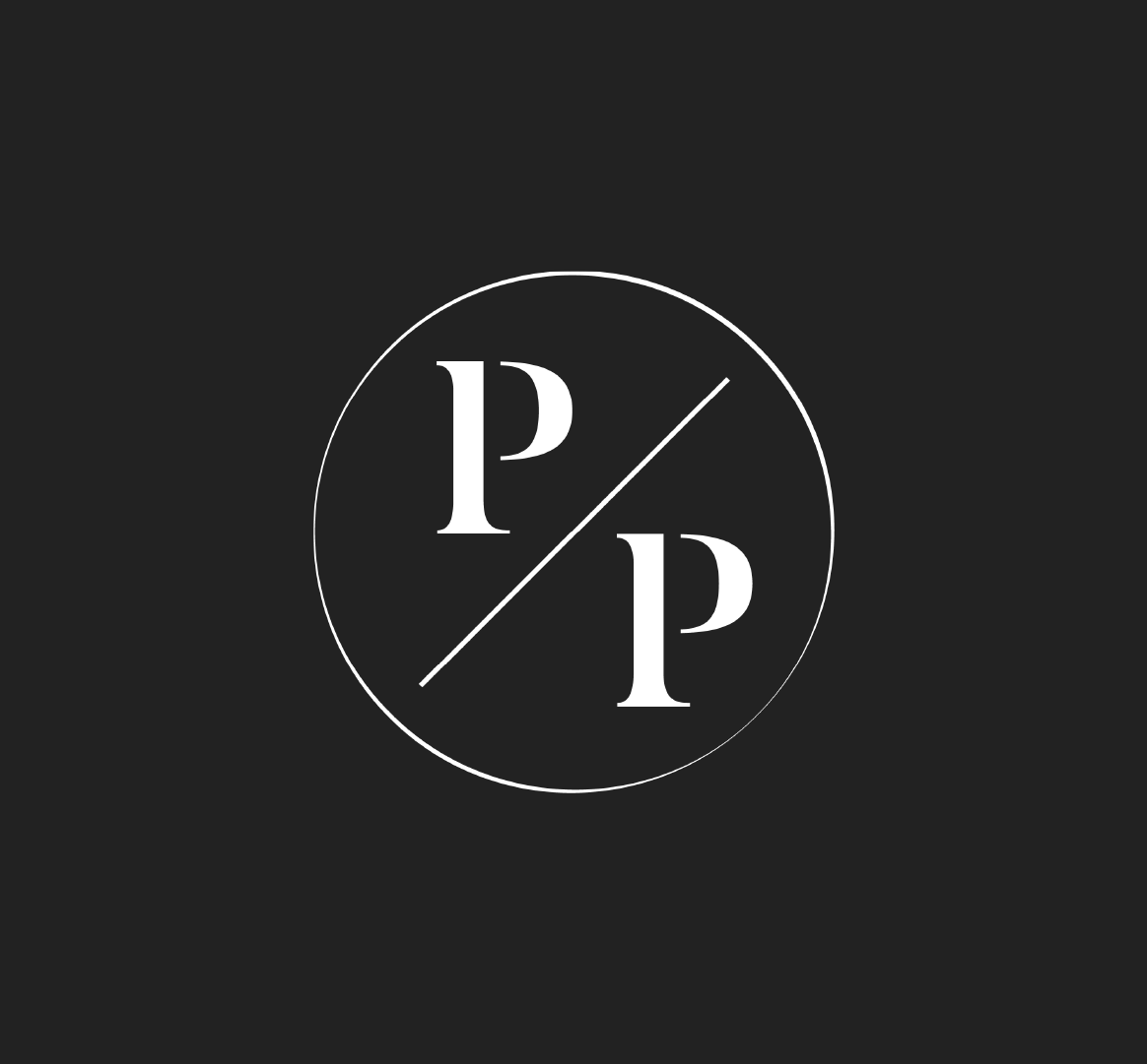 Black background with a white circular logo featuring the letters 'P' and 'P' separated by a diagonal slash.