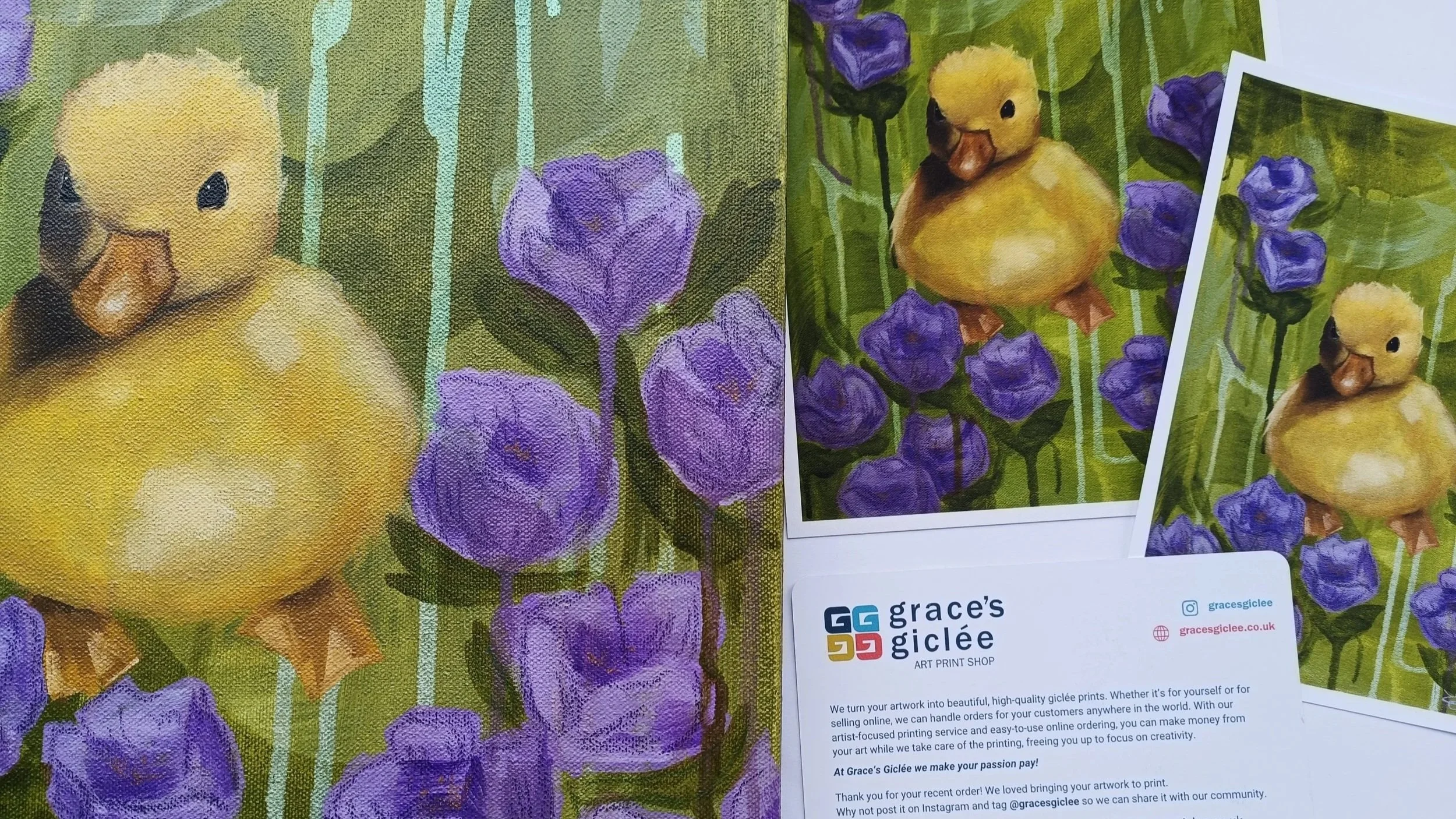 I have recently been working on a painting of a 'Little Duckling'. This piece draws inspiration from the arrival of spring. I have been able to get this painting scanned with help from 'Grace's Giclée' art print shop, and I'm now working on getting p