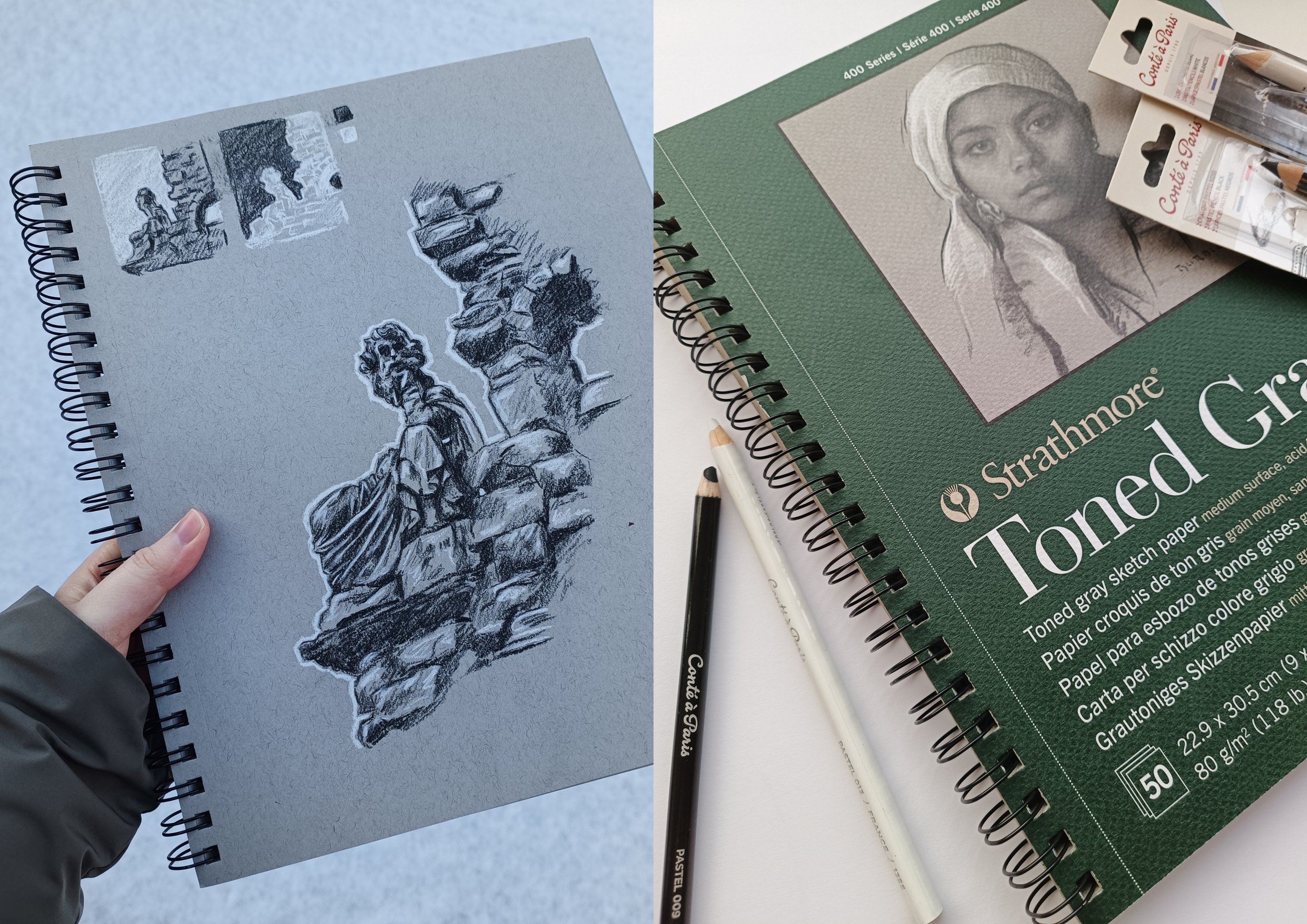 Testing New Materials and Techniques: I received a toned grey sketch paper pad for Christmas and have started experimenting with this. I thought these black and white pastel pencils would create a good contrast with the grey creating a sketch focusin