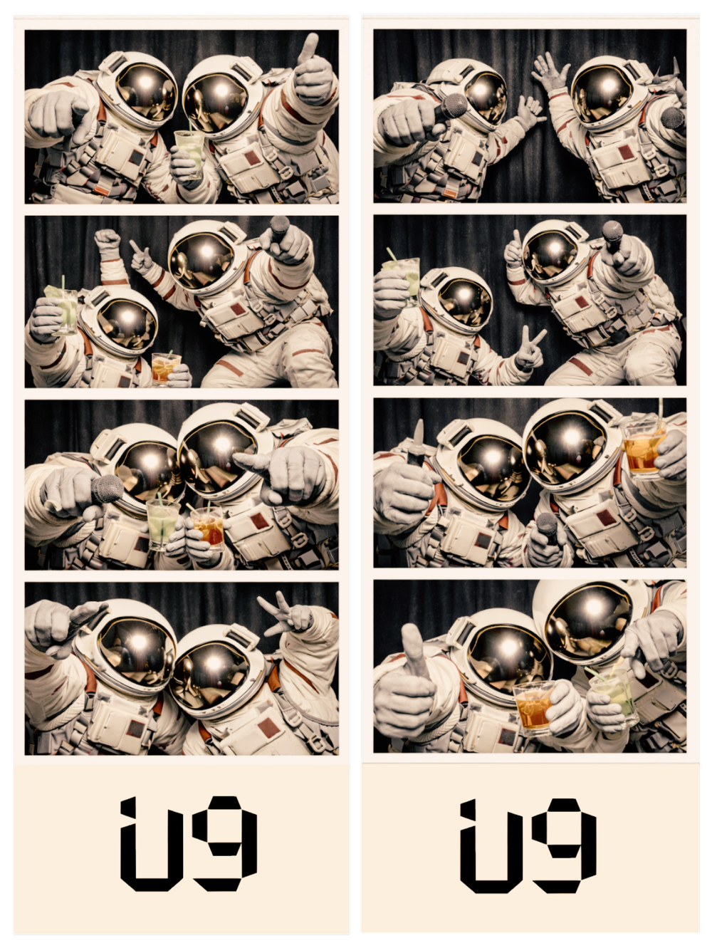 Two photo strips of astronauts toasting with cocktails at U9