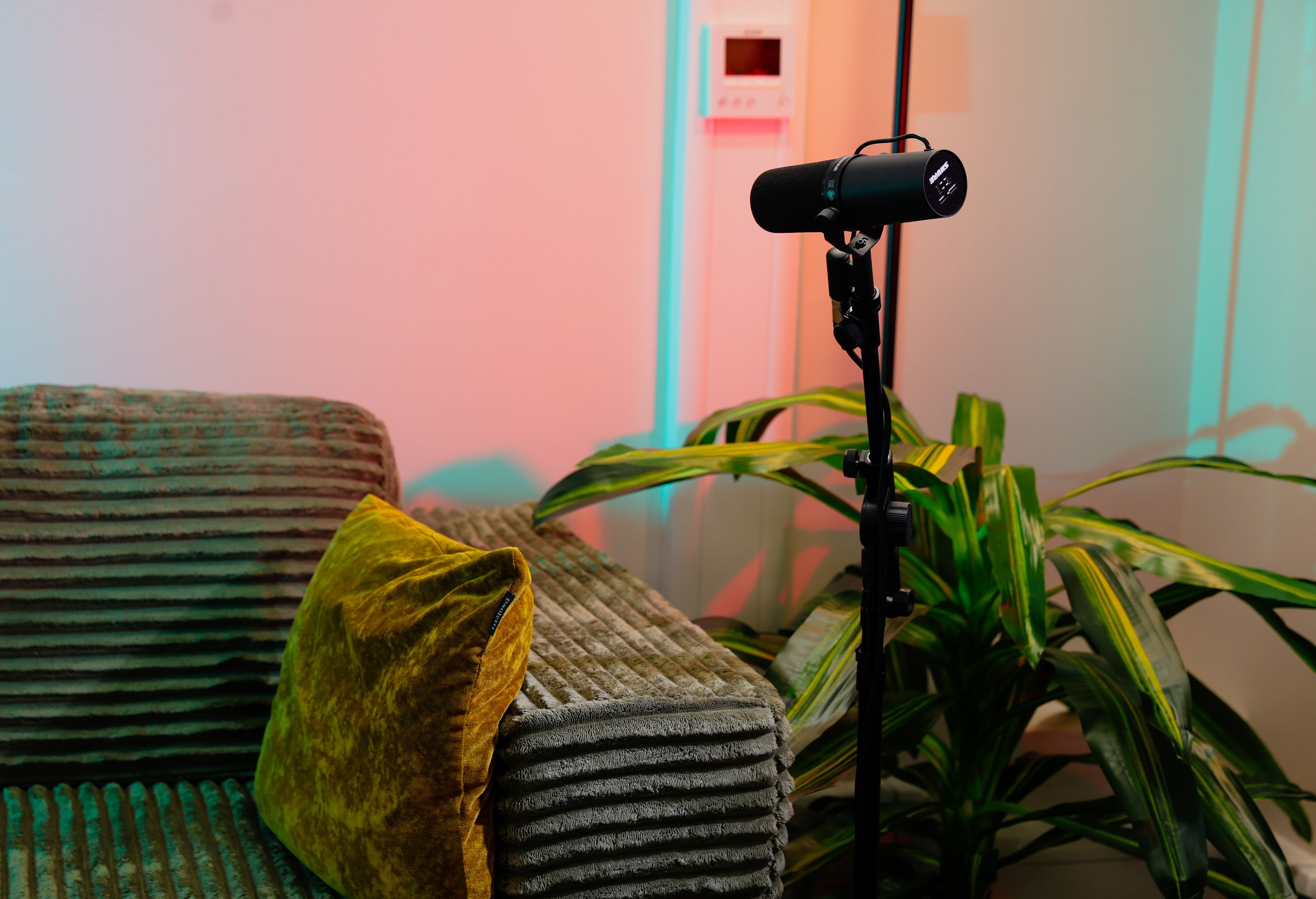 A living room corner with a patterned gray sofa, a yellow velvet pillow, a potted green plant, and a black portable speaker on a stand. In the background, a white wall with a small white digital device mounted, and colorful lighting casts pink, blue,