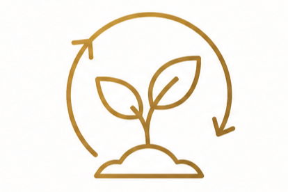 Line drawing of a young plant with two leaves, growing from soil with a circular arrow surrounding it.