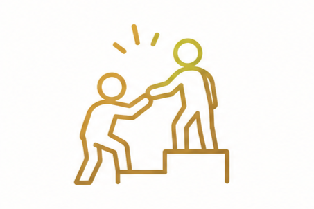 One person helping another climb a staircase, symbolizing support or mentorship.