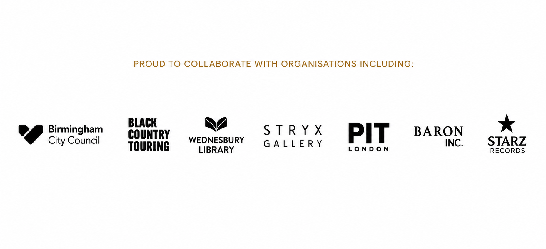 Logos of various organizations under a heading about collaboration, including Birmingham City Council, Black Country Touring, Wednesbury Library, Stryx Gallery, Pit London, Baron Inc., and Starz Records.