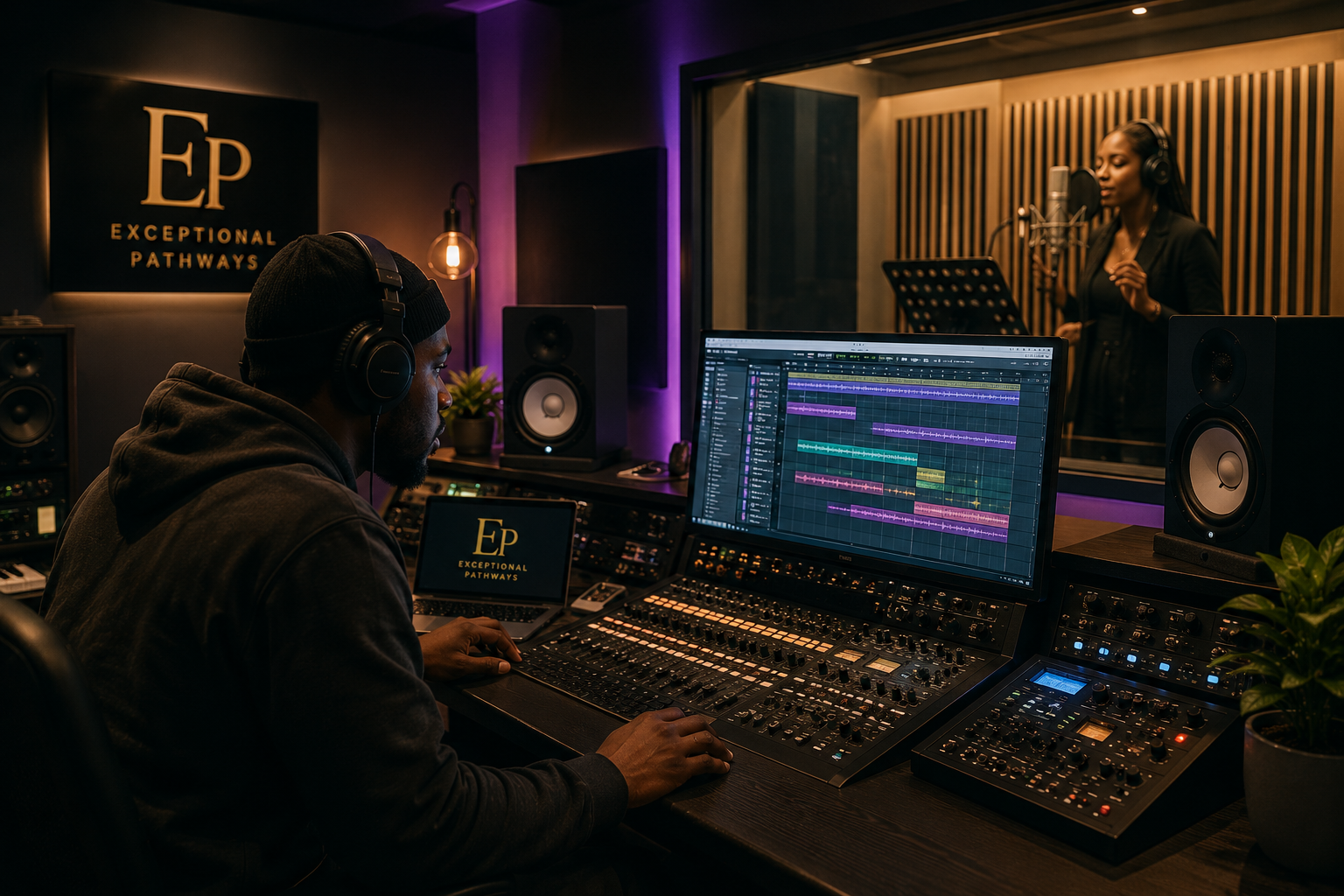A recording studio with a male audio engineer working with a digital audio workstation on a large monitor, and a female singer recording vocals in a sound booth.
