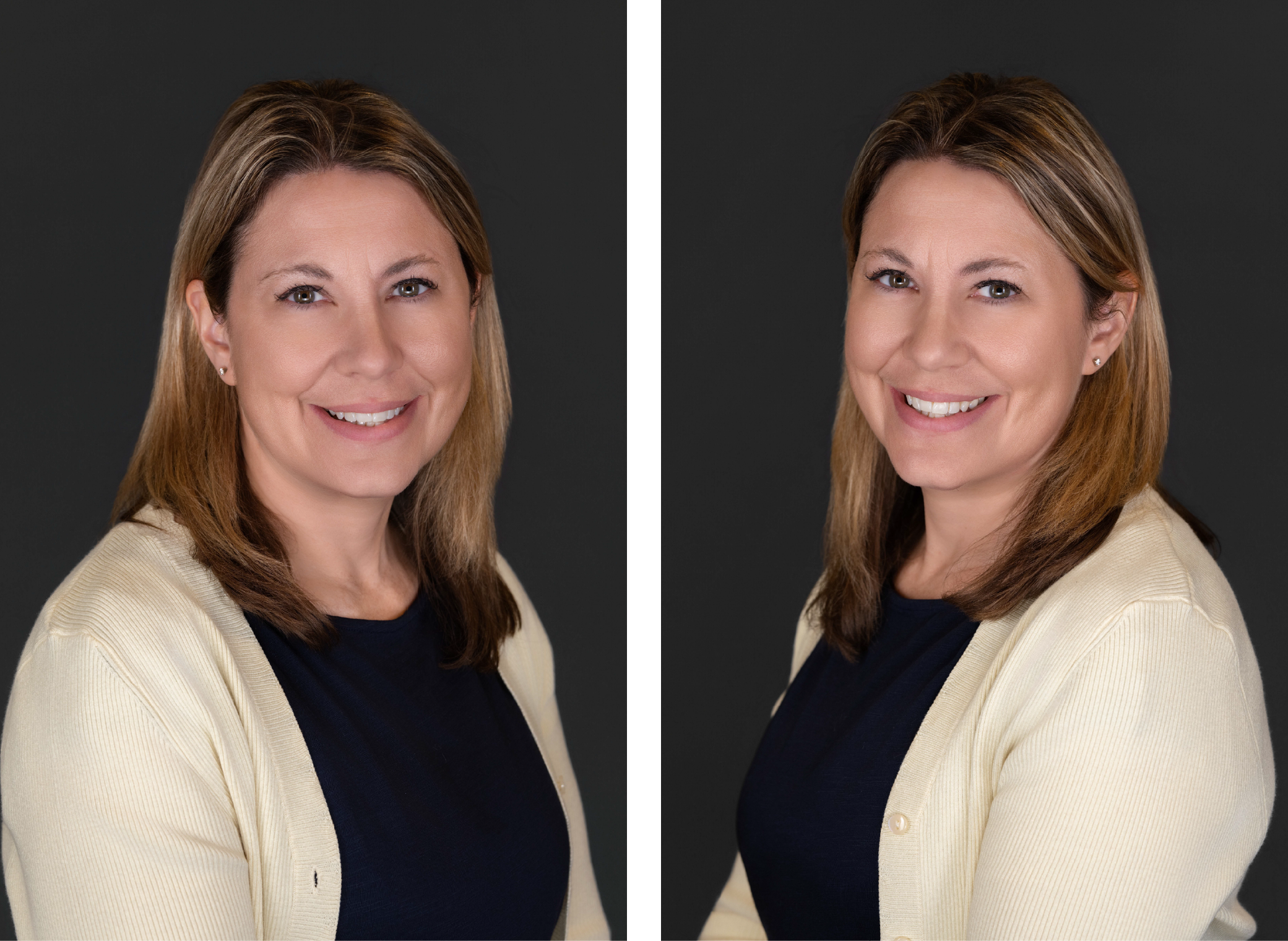 Side-by-side professional headshots of a woman with light brown hair, smiling, wearing a black shirt and beige cardigan, against a dark background.