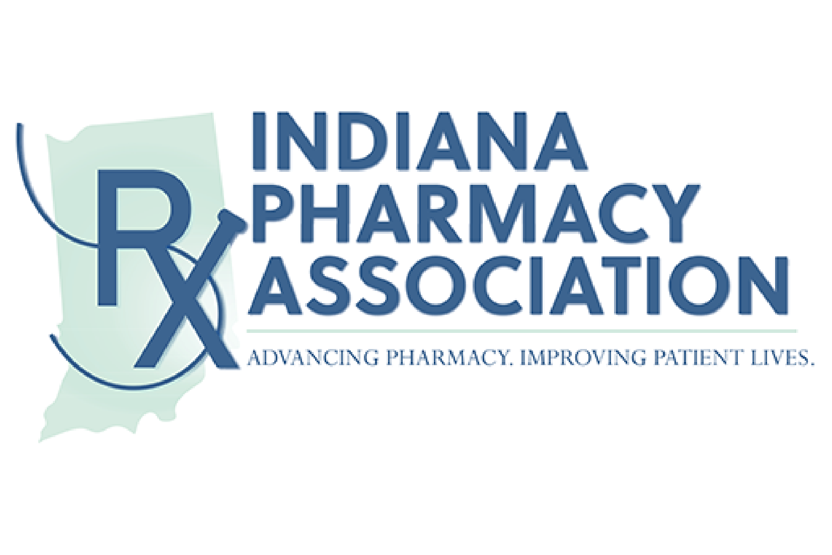 Logo of the Indiana Pharmacy Association featuring a stylized map of Indiana, a large Rx symbol, and the text 'Indiana Pharmacy Association' with the tagline 'Advancing Pharmacy. Improving Patient Lives.'.