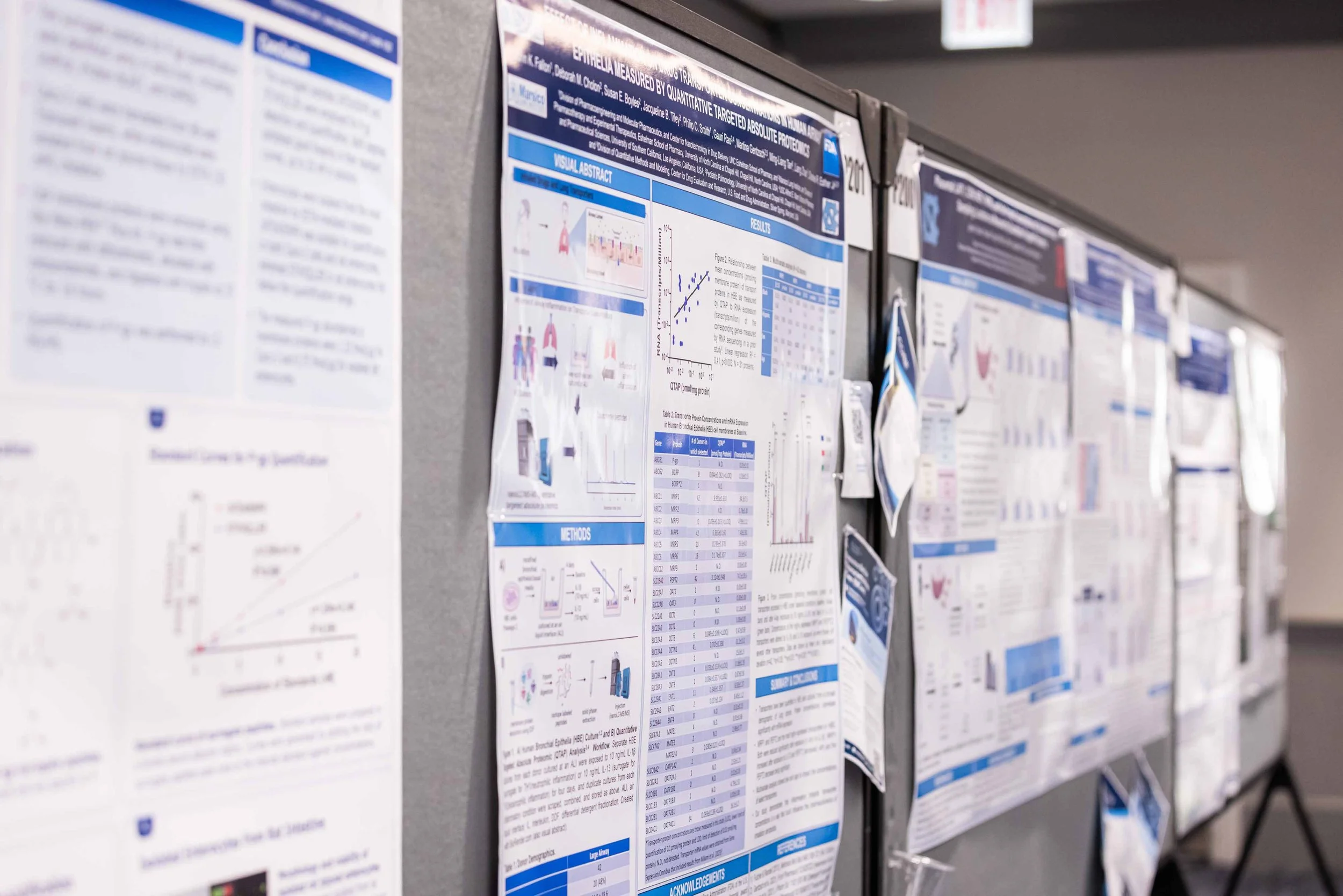 Multiple scientific research posters pinned to a gray bulletin board in a conference or academic setting.