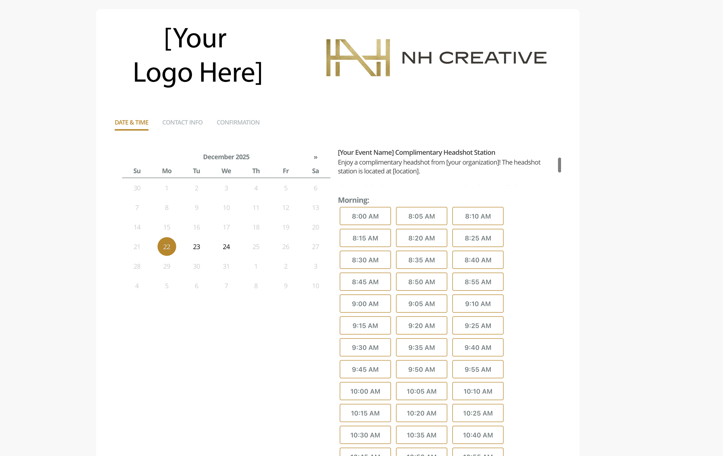 A digital event scheduling webpage with a placeholder for a company logo, a North Hampshire Creative logo, a calendar for December 2025, and a list of available time slots for a complimentary headshot station event, with options for morning appointment times.