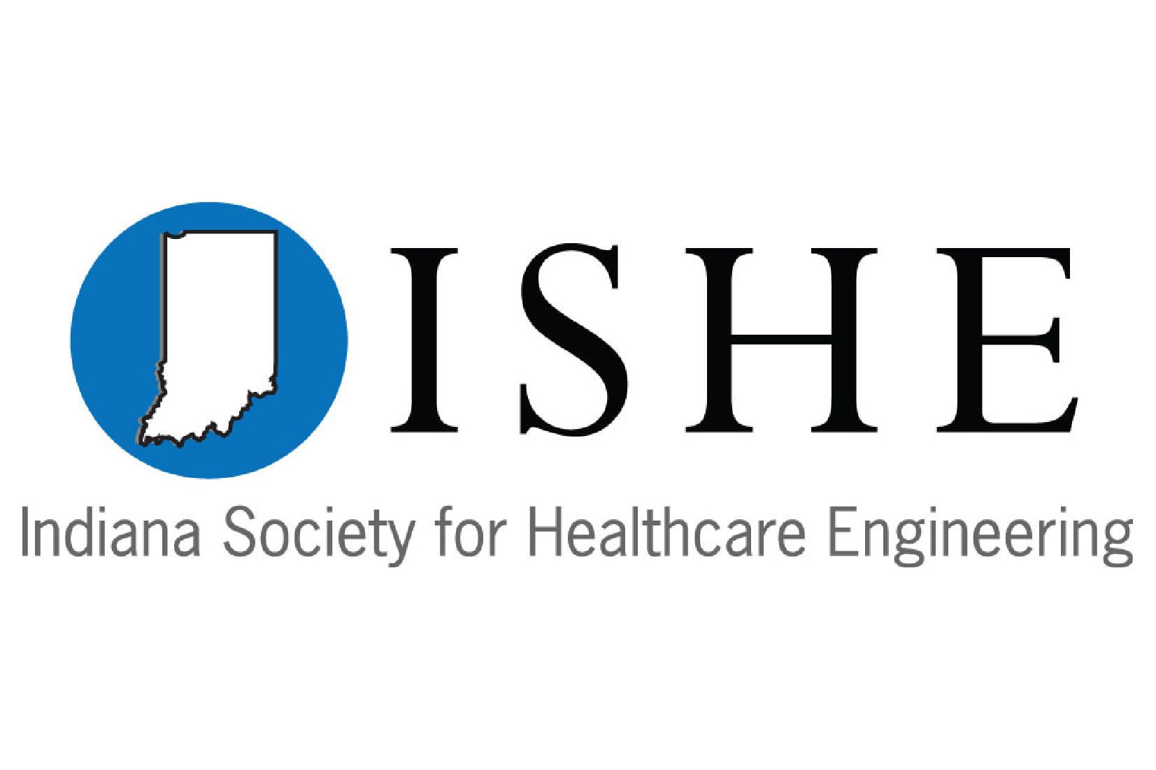 The logo of the Indiana Society for Healthcare Engineering featuring a stylized state of Indiana and the text "ISHE" with a subtitle "Indiana Society for Healthcare Engineering."