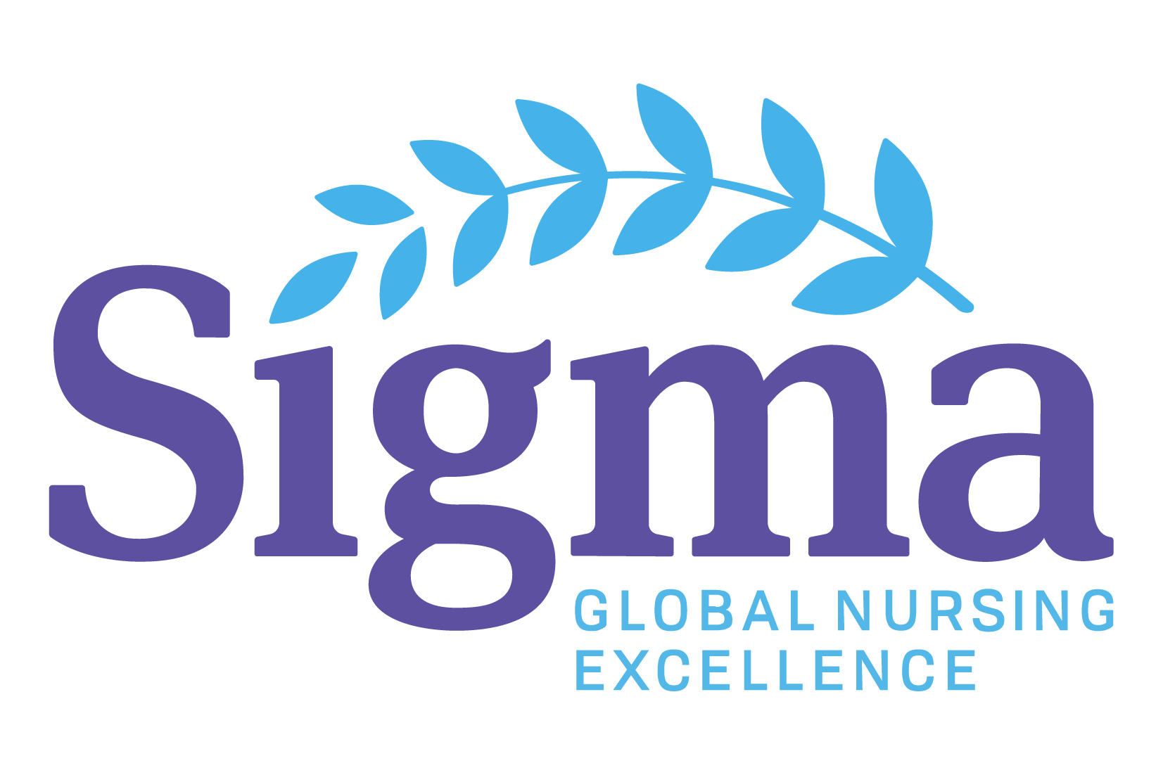 Logo of Sigma, a symbol of a blue laurel branch with the words Sigma and 'Global Nursing Excellence' in purple and blue text.
