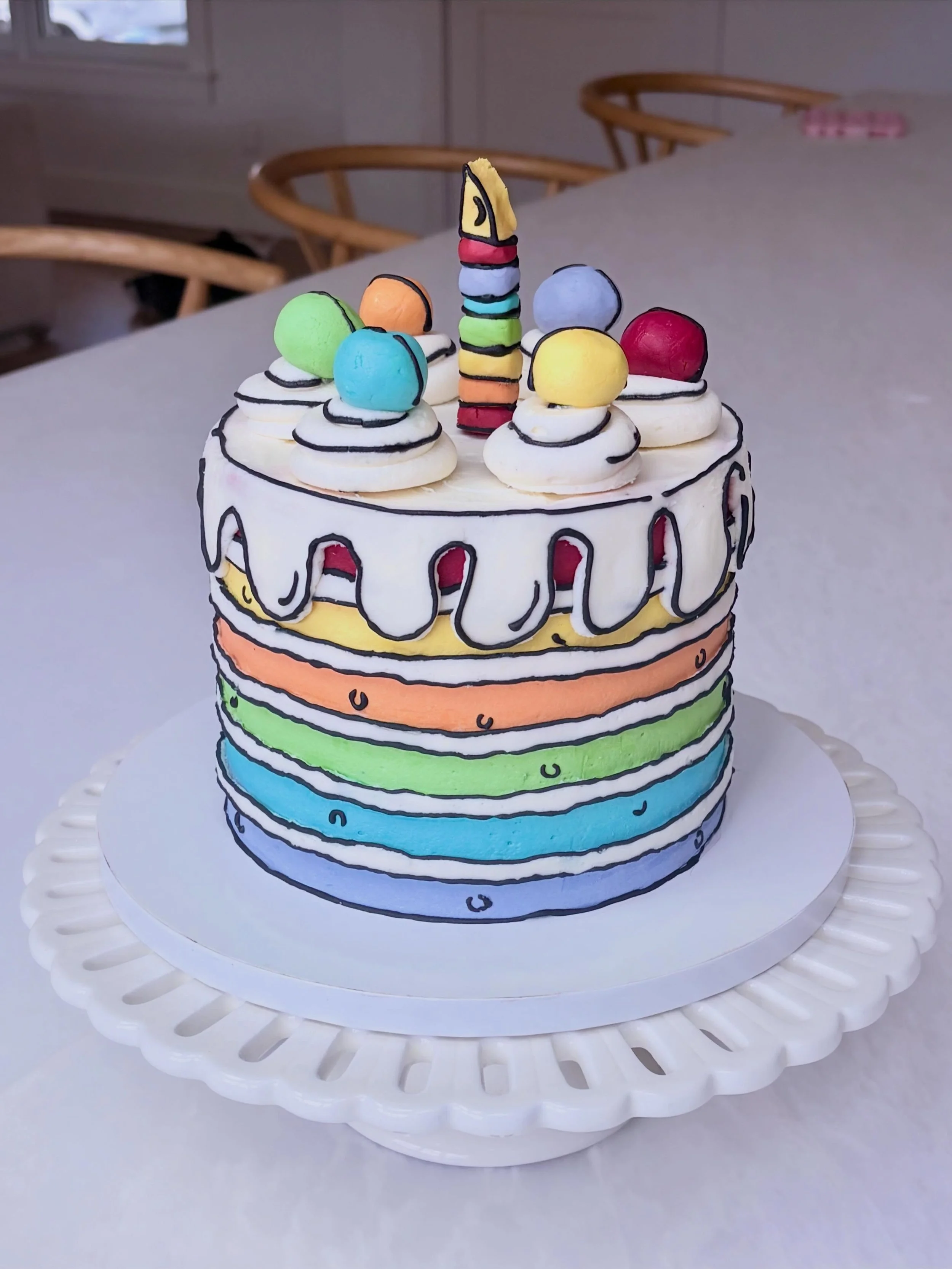 Buttercream cartoon cake! 

These are usually done with fondant, but I personally hate fondant so I was up for the challenge! This was so fun to make 🎂 I used royal icing for the black outlines and buttercream &ldquo;clay&rdquo; for the rainbow cher