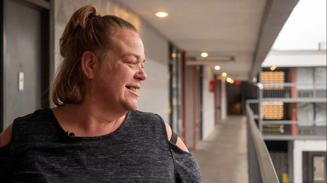 Kimberly Nolet looks out into the courtyard at Arthur Street Hotel.Credit: Ian Hardwitt, WHAS