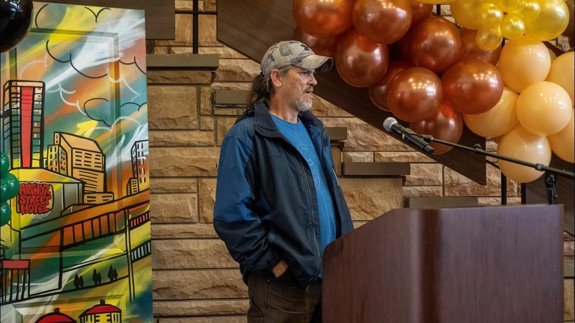 Eddie Thrasher speaks about his experience with homelessness and moving in to a home after his stay Arthur Street Hotel.Credit: Ian Hardwitt, WHAS