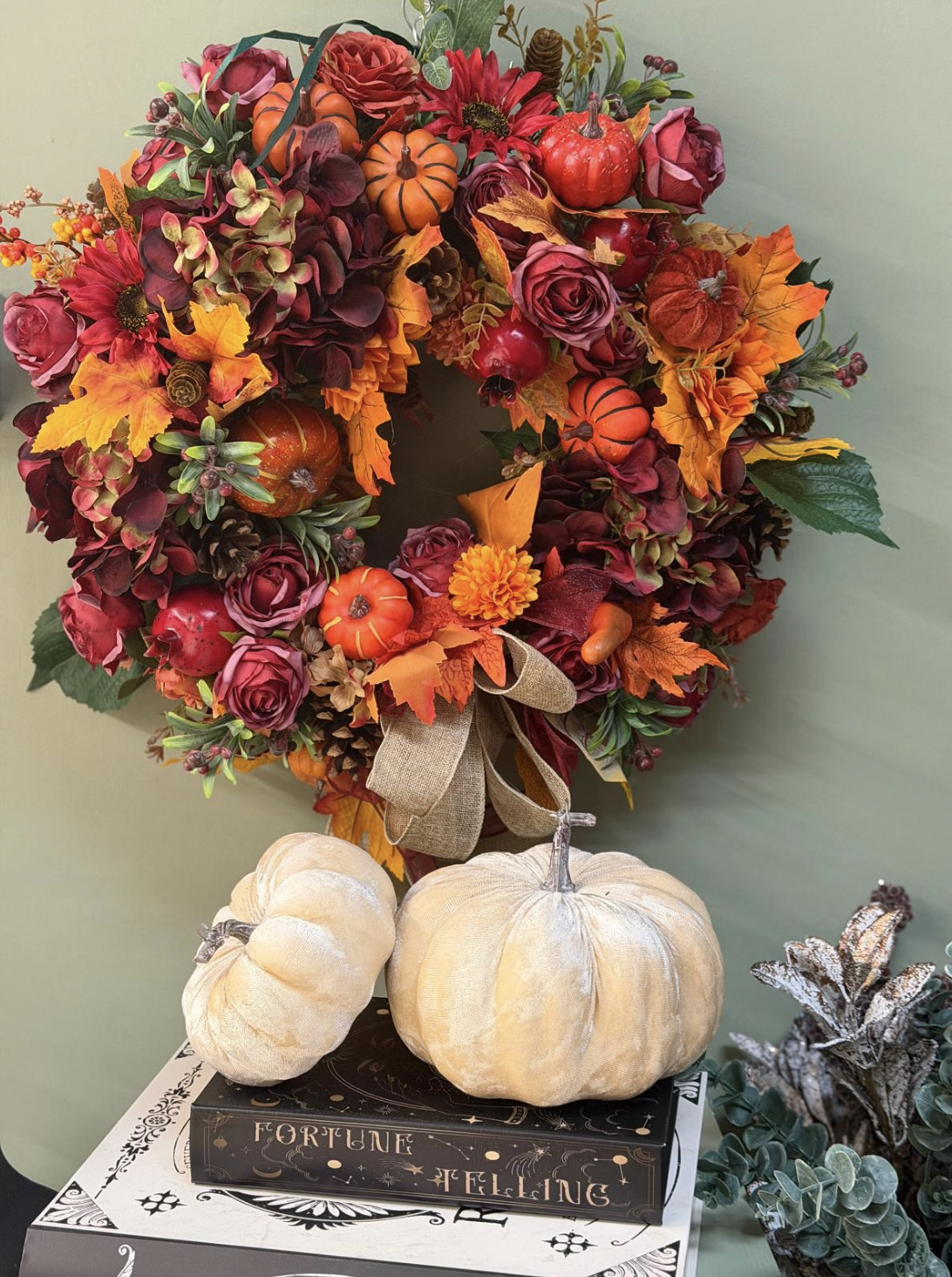 Large 65cm autumn wreath with roses, pumpkins and maple leaves by Blossom's House of Flowers