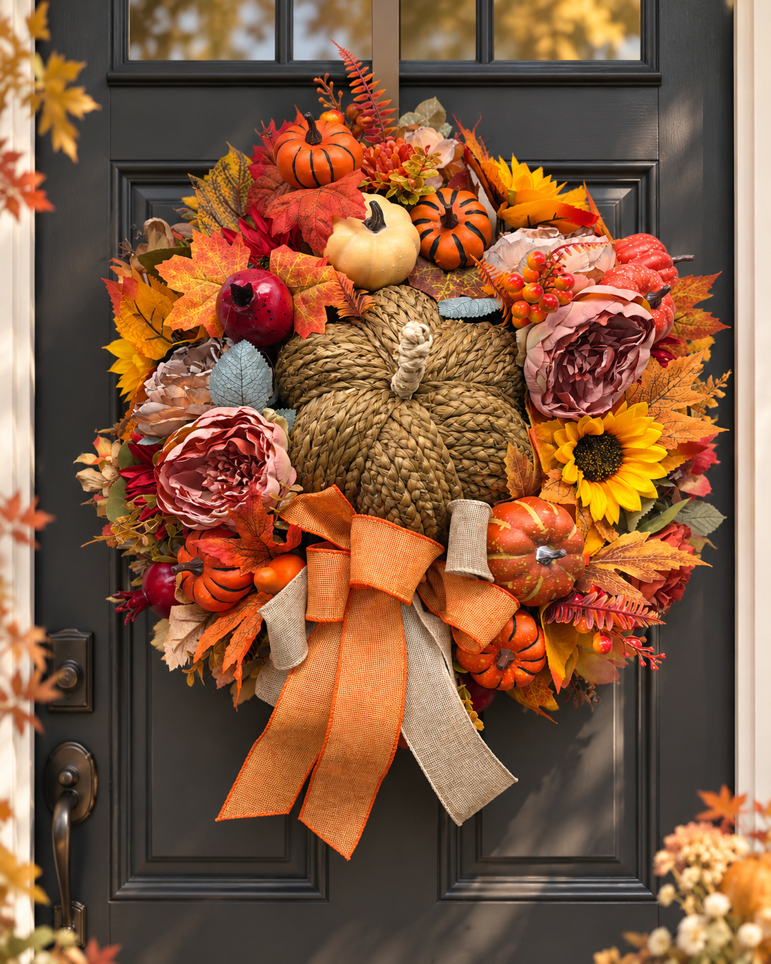 🍂 Luxury Autumn Pumpkin Wreath – Faux Flowers, Pumpkins & Seasonal Foliage (55cm)