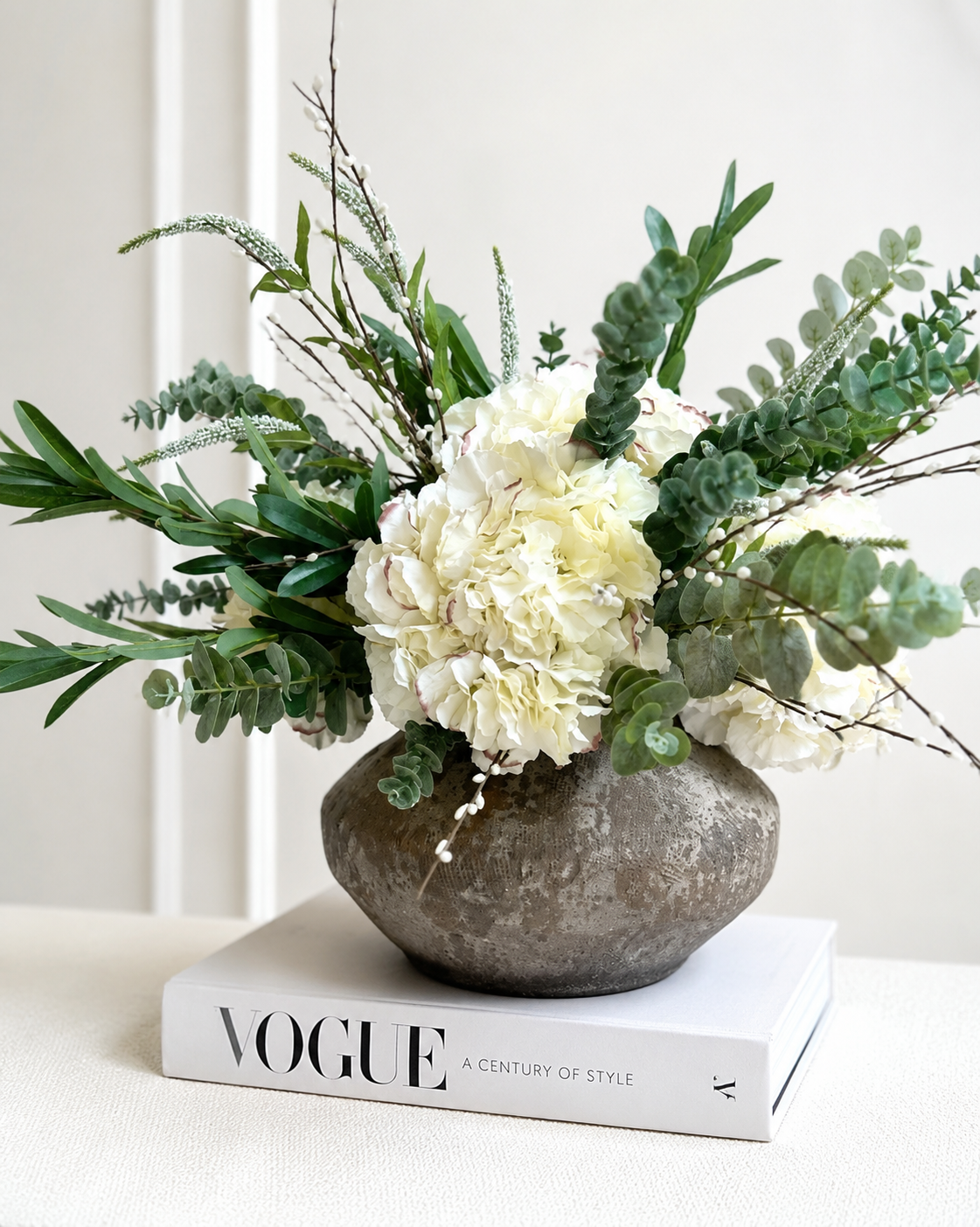 Summer Faux Flower Arrangement – English Garden Ivory Hydrangeas, Eucalyptus & Pussy Willow