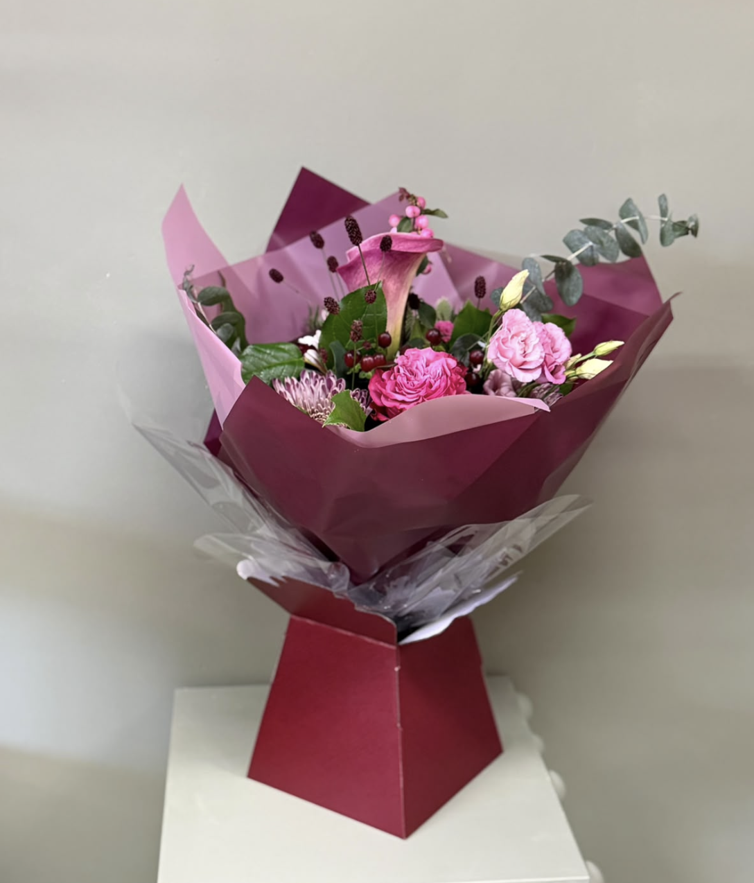 Fig & Berries pink bouquet with calla lily, roses and berries by Blossom's House of Flowers