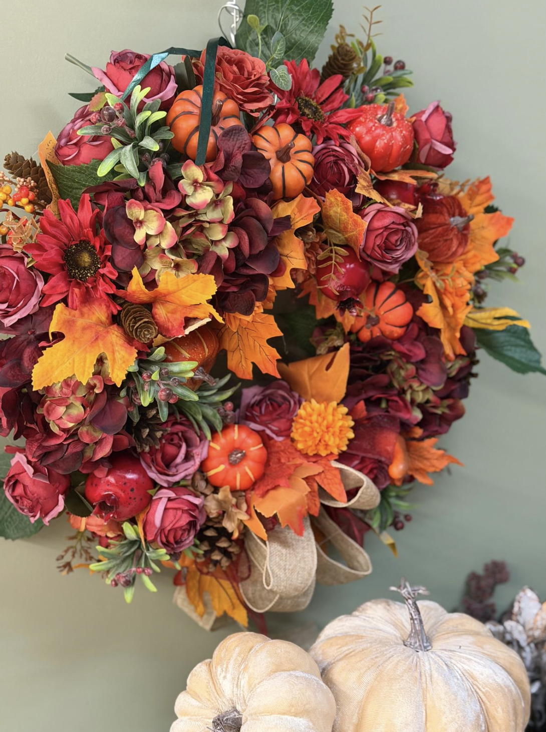 Large 65cm autumn wreath with roses, pumpkins and maple leaves by Blossom's House of Flowers