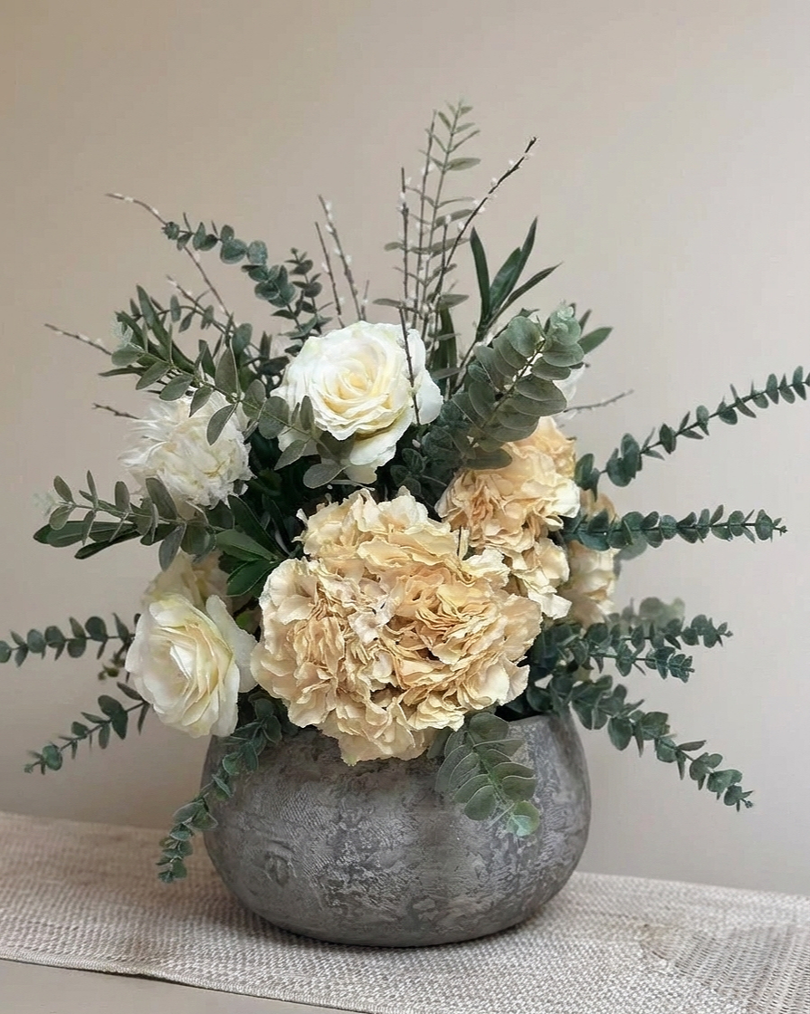 Summer Caramel Faux Flower Arrangement – Ivory Hydrangeas, Eucalyptus & Caramel Roses