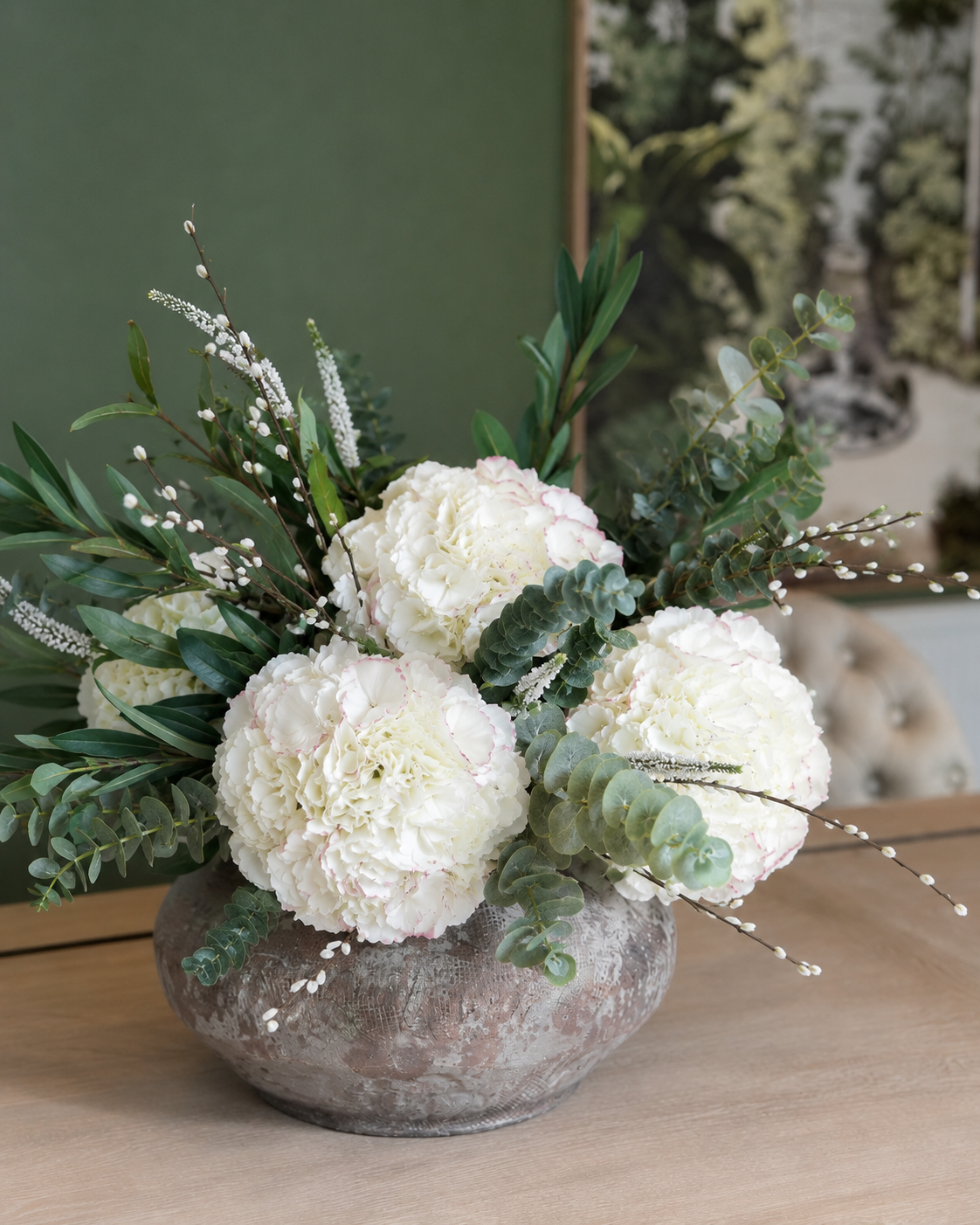Summer Faux Flower Arrangement – English Garden Ivory Hydrangeas, Eucalyptus & Pussy Willow
