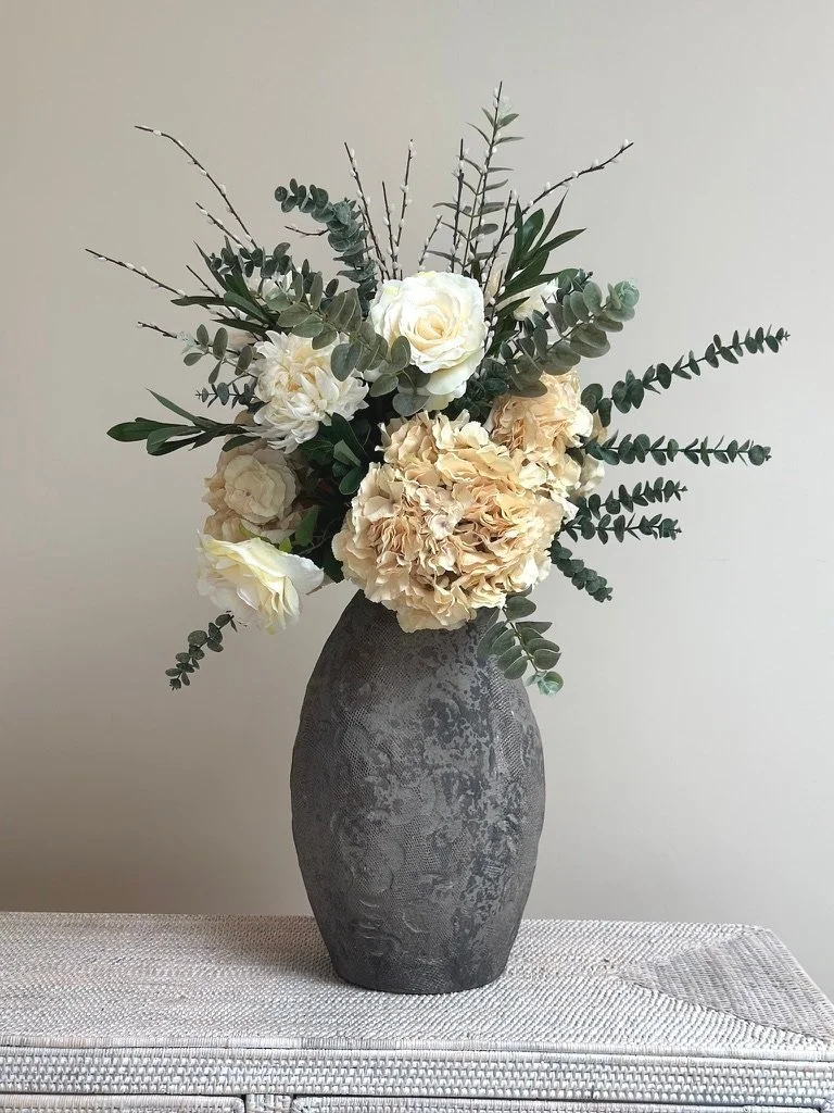 Summer Caramel Faux Flower Arrangement – Ivory Hydrangeas, Eucalyptus & Caramel Roses