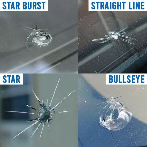 Comparison of four different types of car windshield cracks: star burst, straight line, star, and bullseye.
