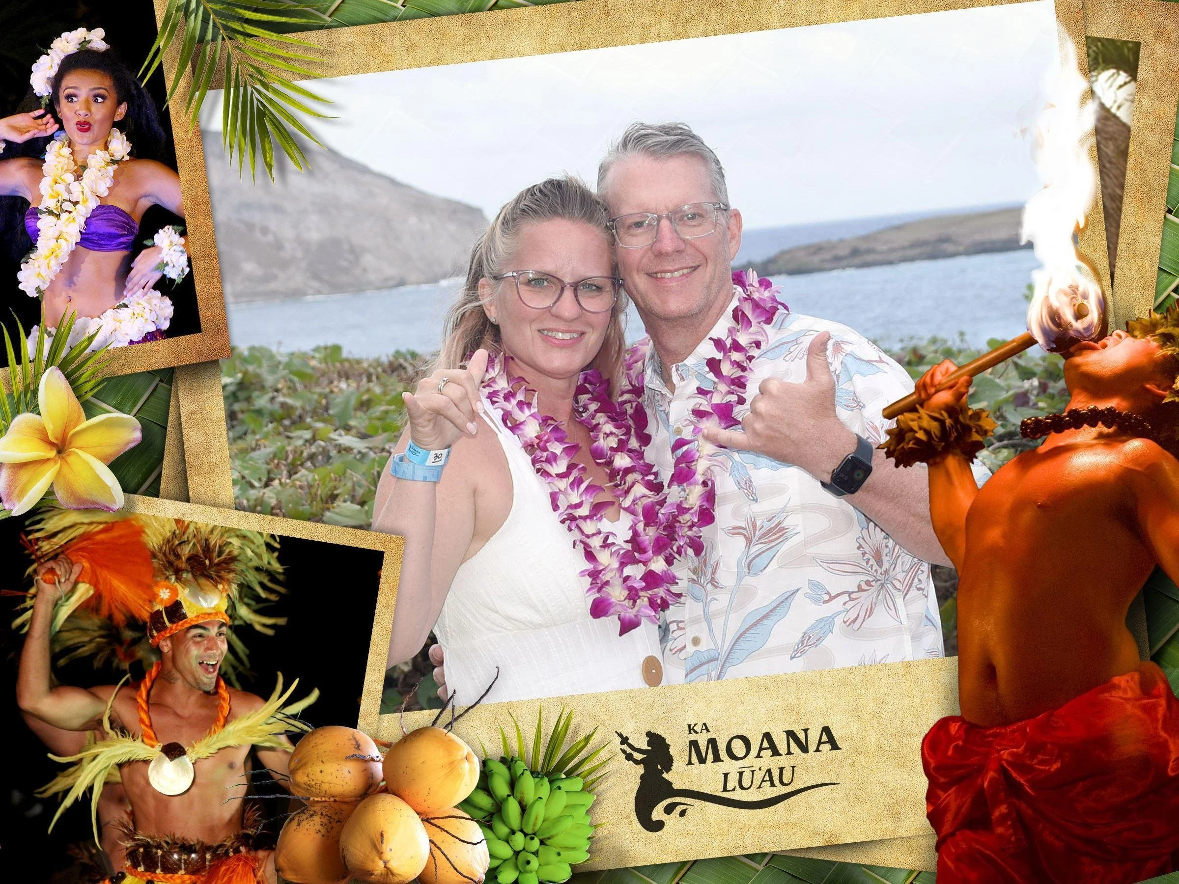 A collage of images from a Hawaiian luau. The central photo shows a smiling couple with leis, standing by a water body with hills in the background. To the left and bottom are photos of traditional Hawaiian hula dancers in colorful costumes. The collage is decorated with tropical flowers, bananas, and palm leaves, with the text 'KA MOANA LU'AU' at the bottom.