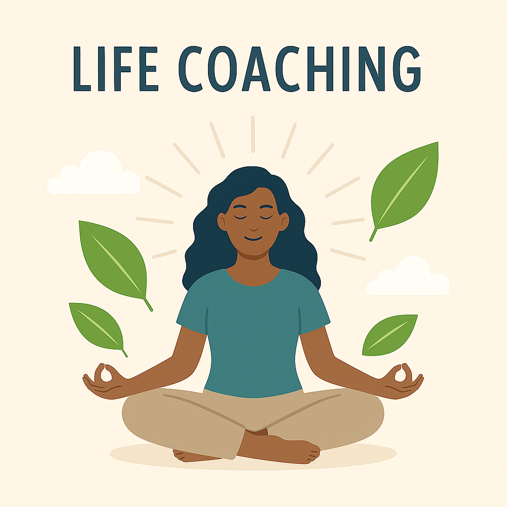 Illustration of a woman practicing yoga or meditation, sitting cross-legged with eyes closed, surrounded by green leaves and clouds, with the text 'LIFE COACHING' above her.