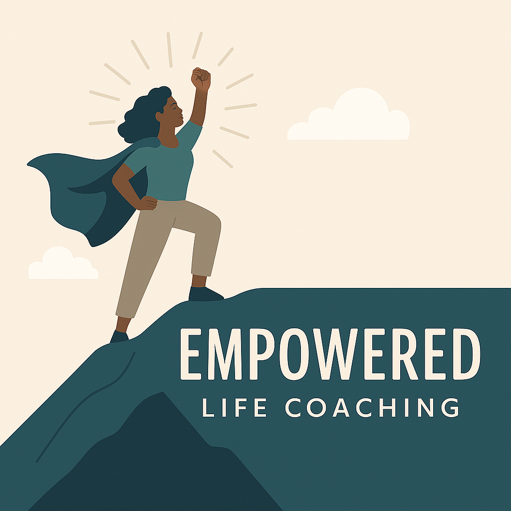 Illustration of a confident woman standing victoriously on a mountain peak with her fist raised, a cape flowing behind her, with the words 'Empowered Life Coaching' on the mountain. Sun rays and clouds in the background, symbolizing empowerment and achievement.