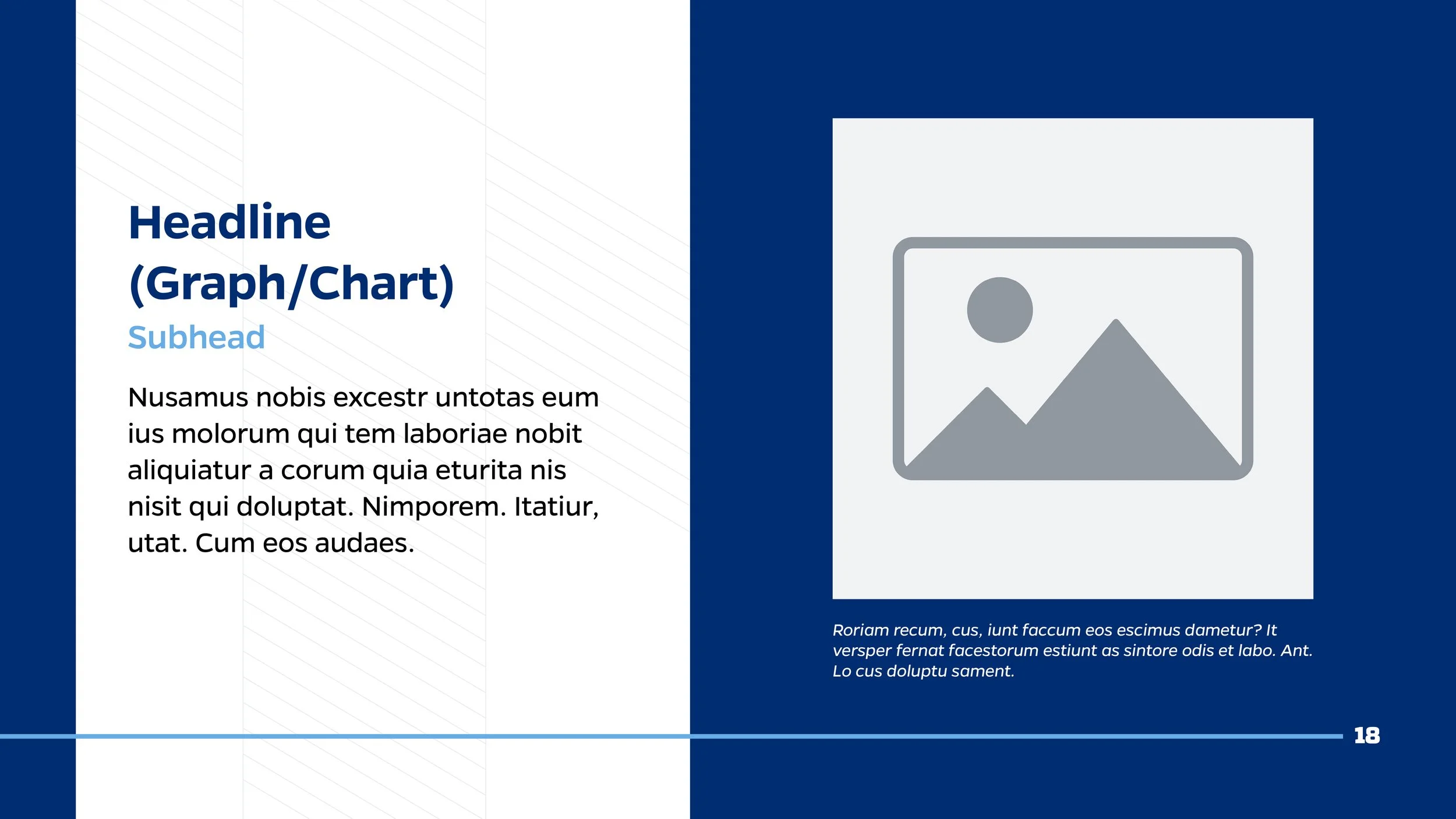 A presentation slide featuring a blue and white theme. On the left, it has a headline and subhead with placeholder text, and on the right, there is a grey placeholder image with additional lorem ipsum text below it. The slide number 18 is at the bott