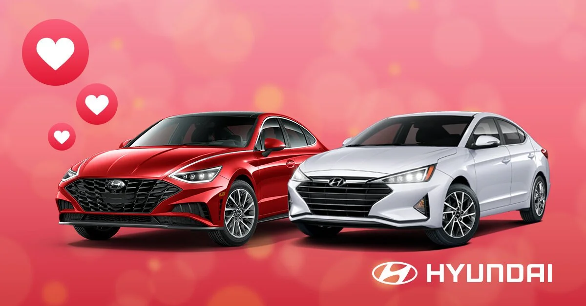 A red Hyundai sedan and a white Hyundai sedan on a pink background with hearts and the Hyundai logo