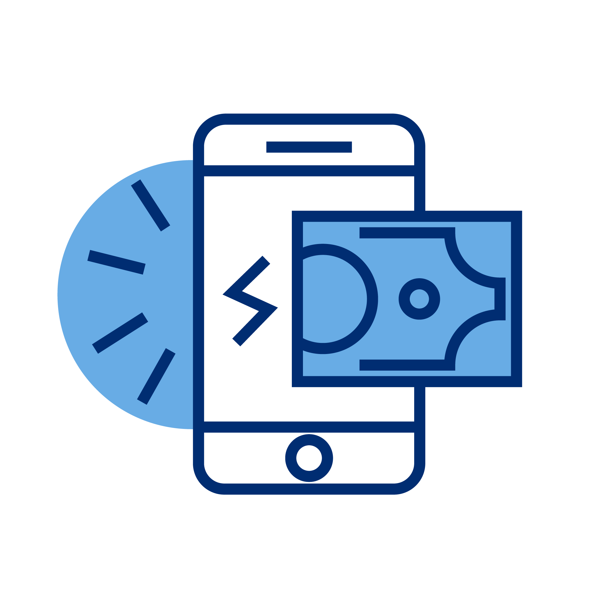 Smartphone with a dollar bill coming out, a clock in the background, and a lightning bolt symbol on the screen.