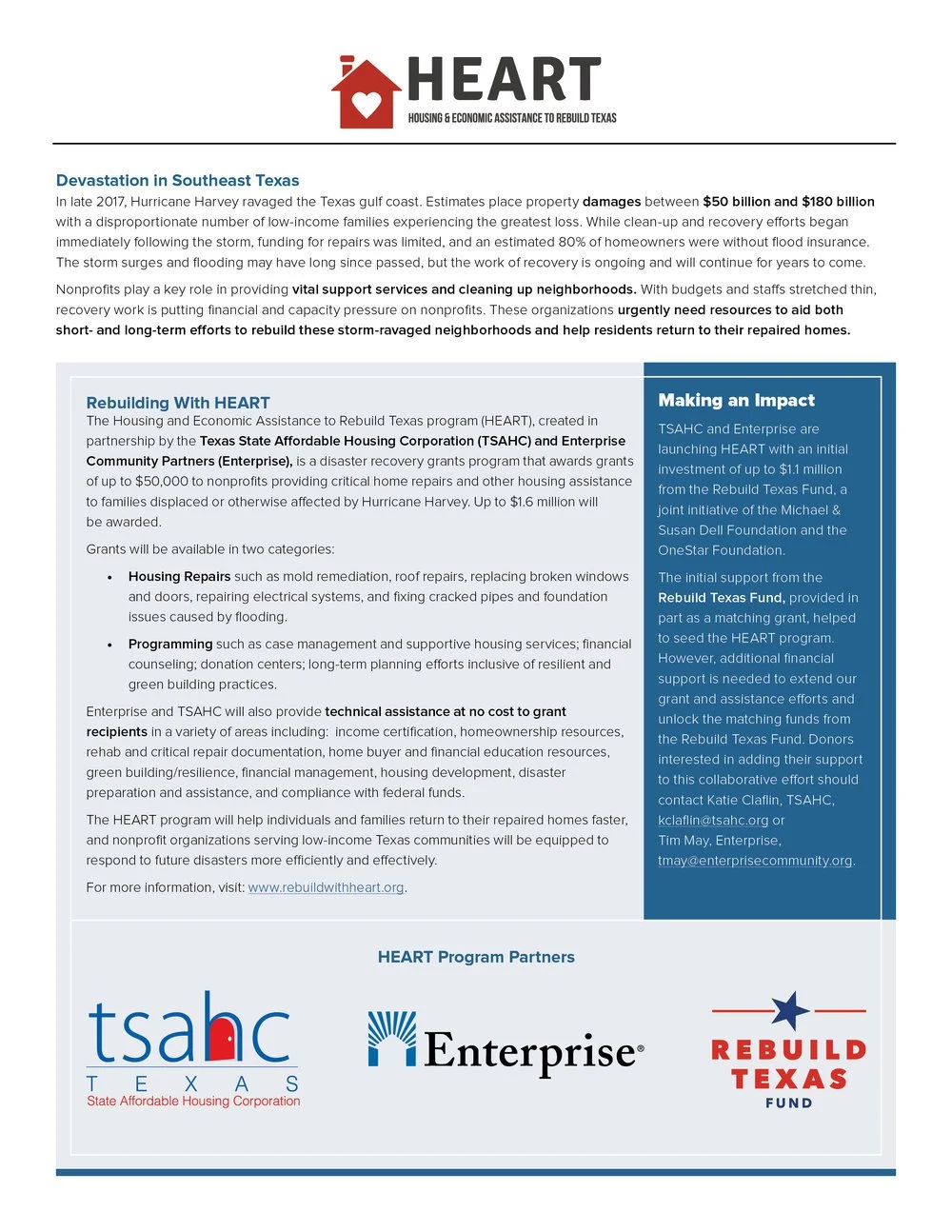 A flyer from HEART organization about rebuilding efforts in Southeast Texas after Hurricane Harvey, including details on grants, support services, and program partners.
