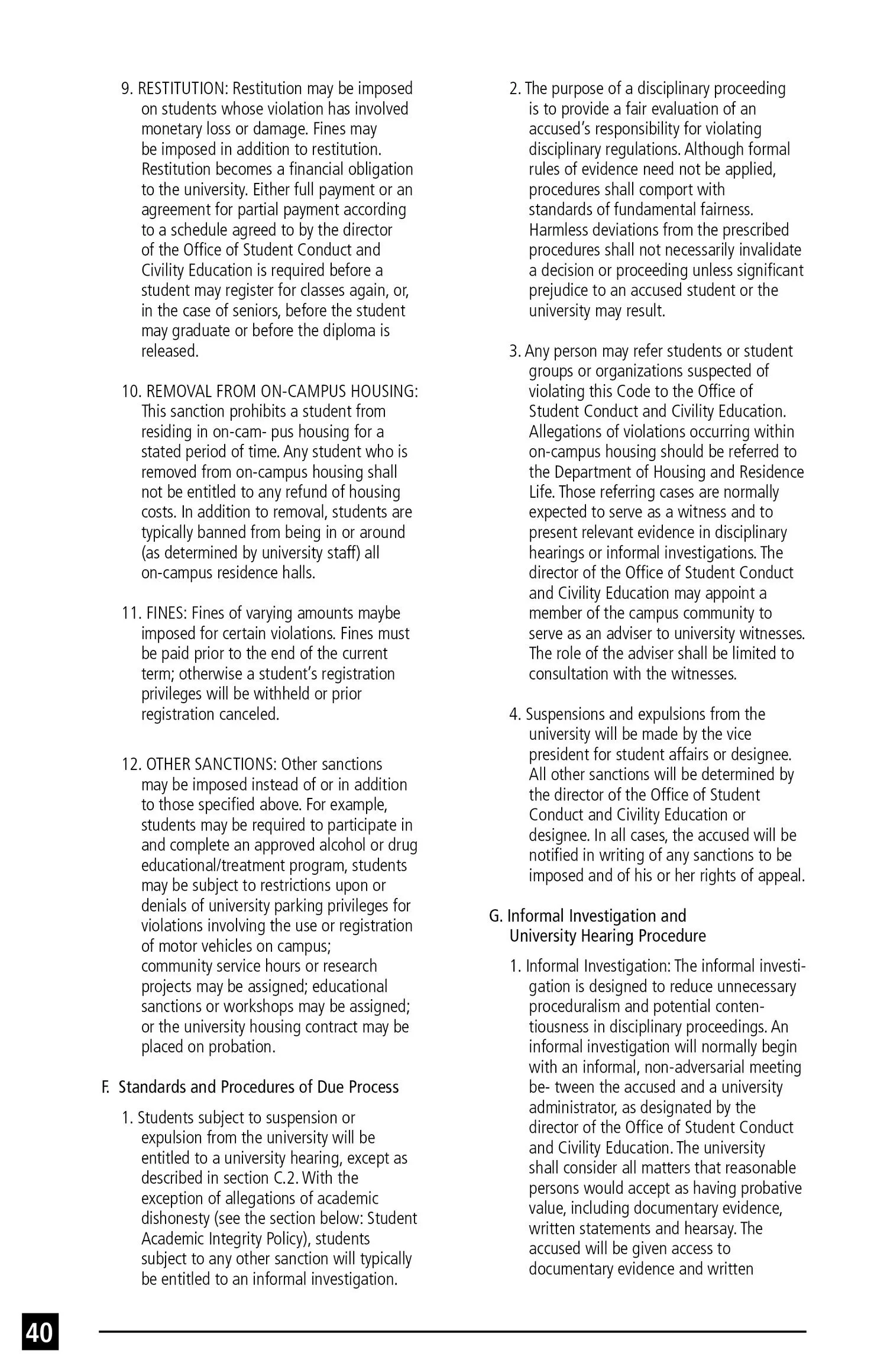 Close-up of a page from a document or book, displaying sections numbered 9 to G with legal and disciplinary policies and procedures.