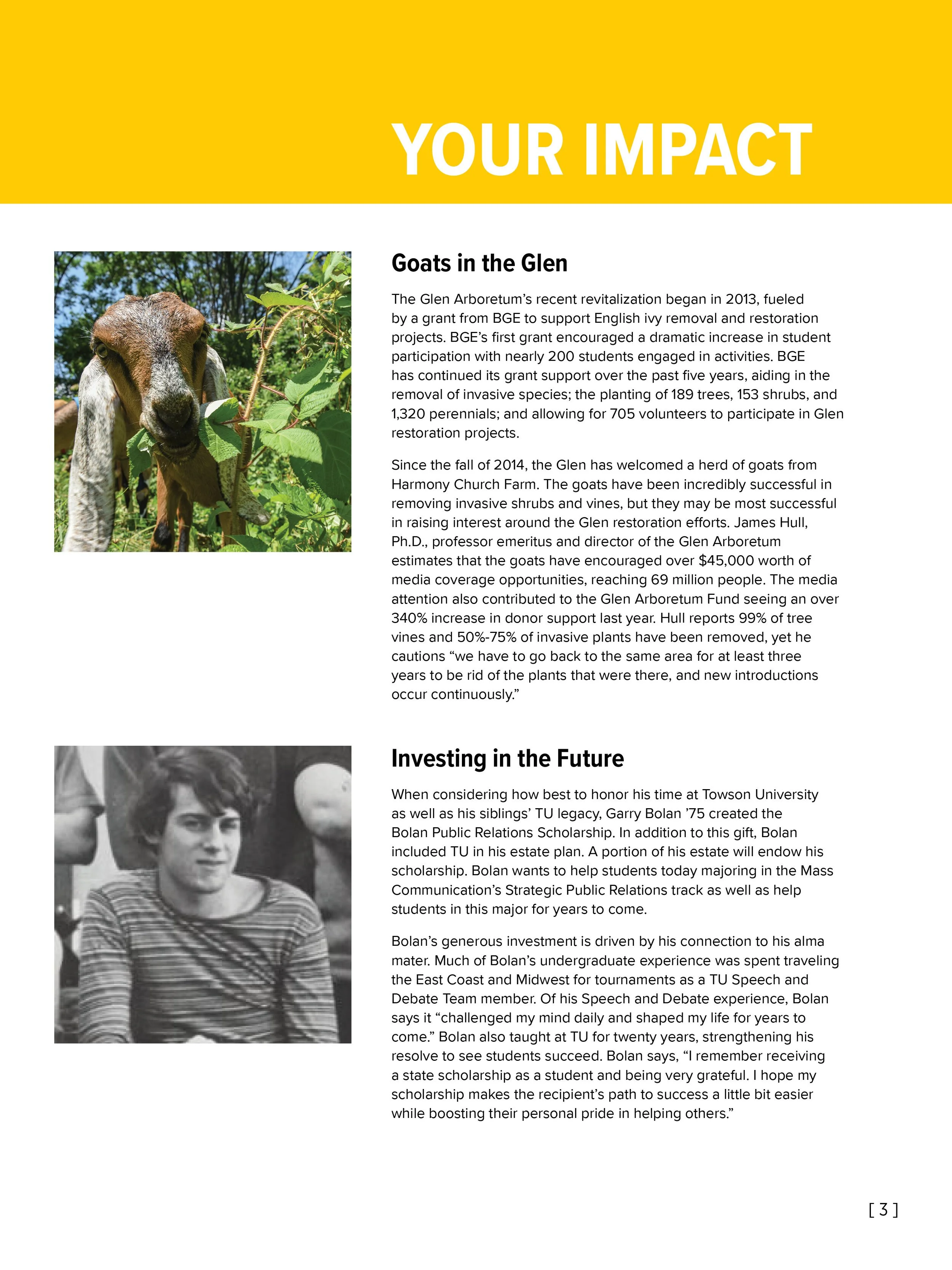 A page from a brochure or report with the title "Your Impact." It includes two sections: "Goats in the Glen" with a picture of a goat among green foliage and a detailed description about the Glen Arboretum's goat restoration project, and "Investing i