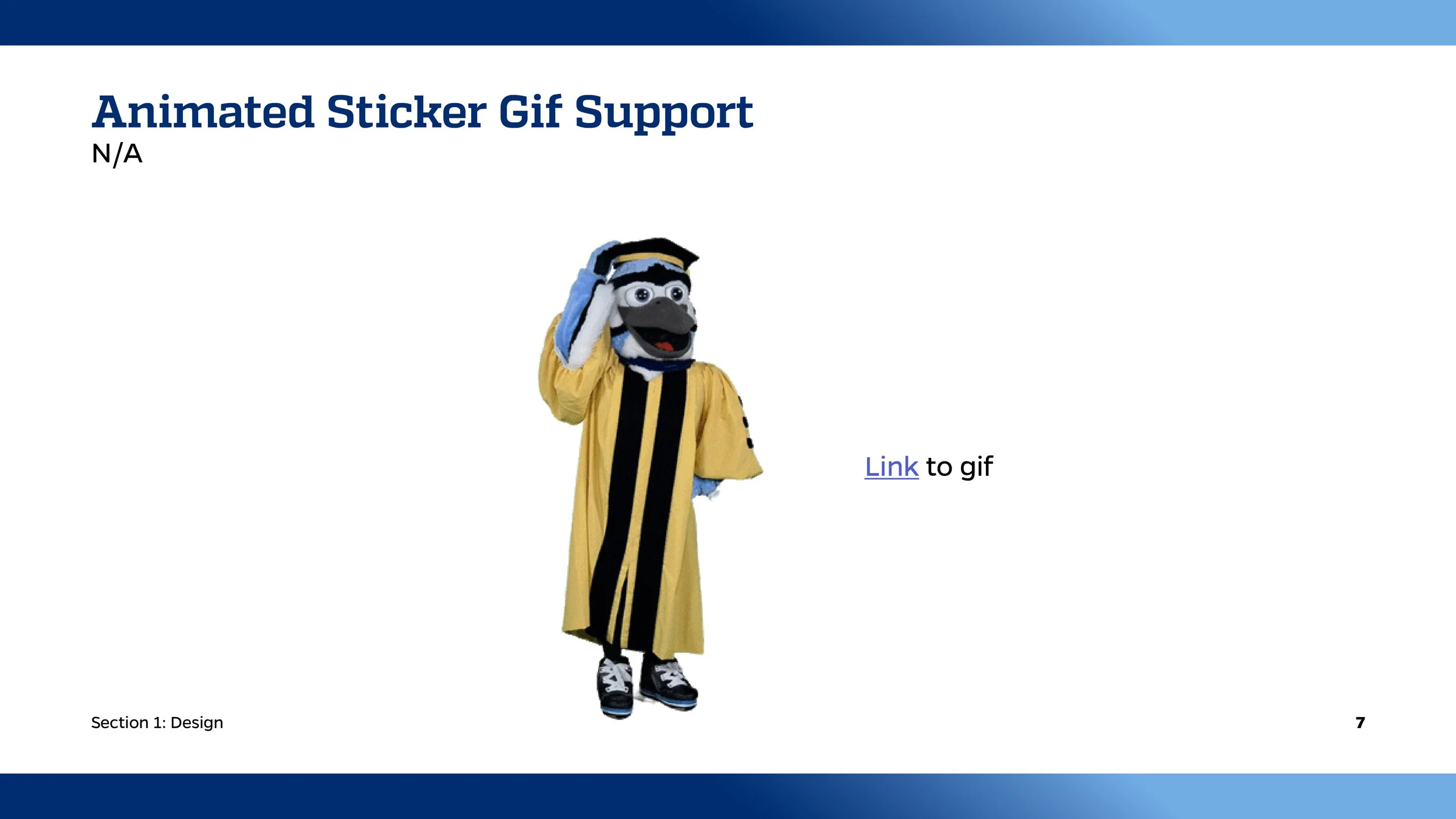 A mascot dressed in a graduation gown and cap, standing and saluting.