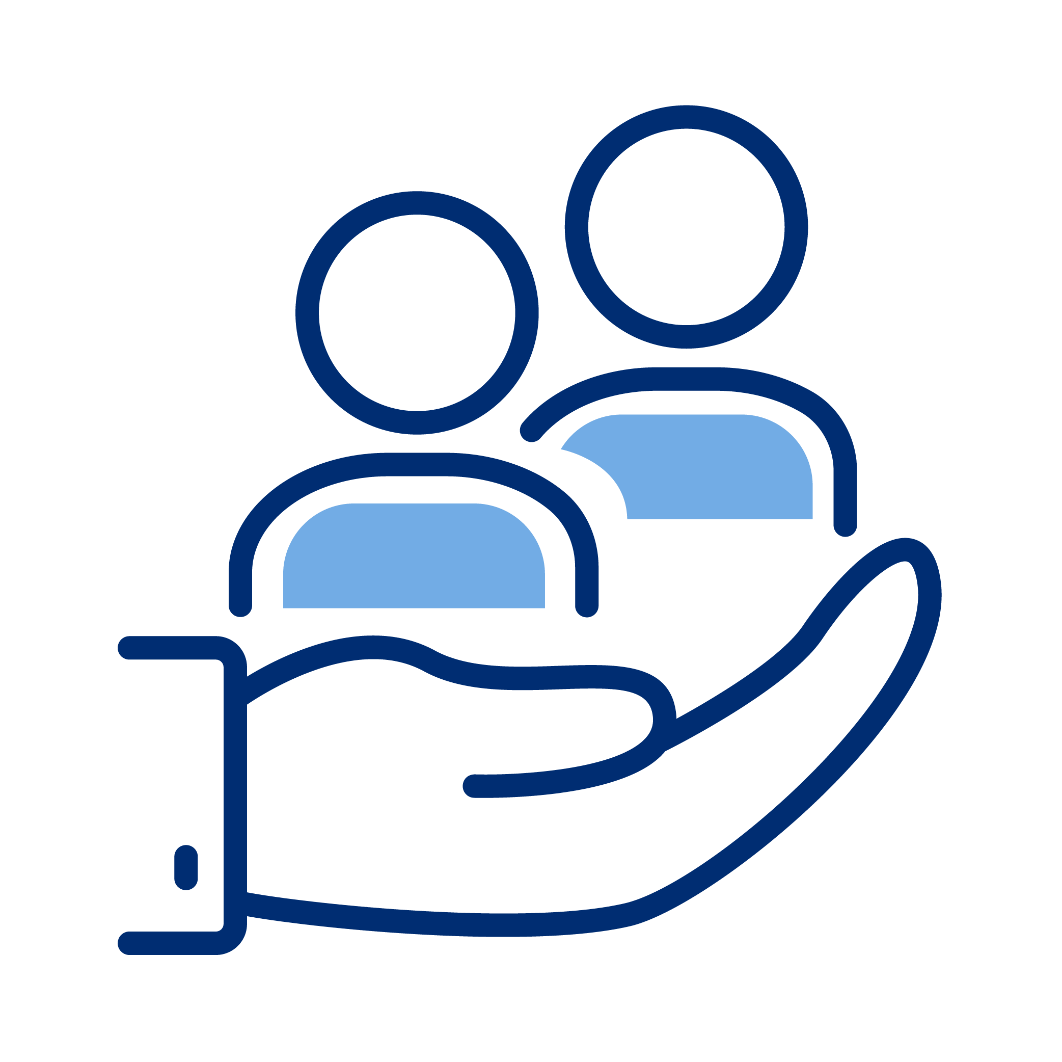 Outline icon of a hand holding two people representing support or community.