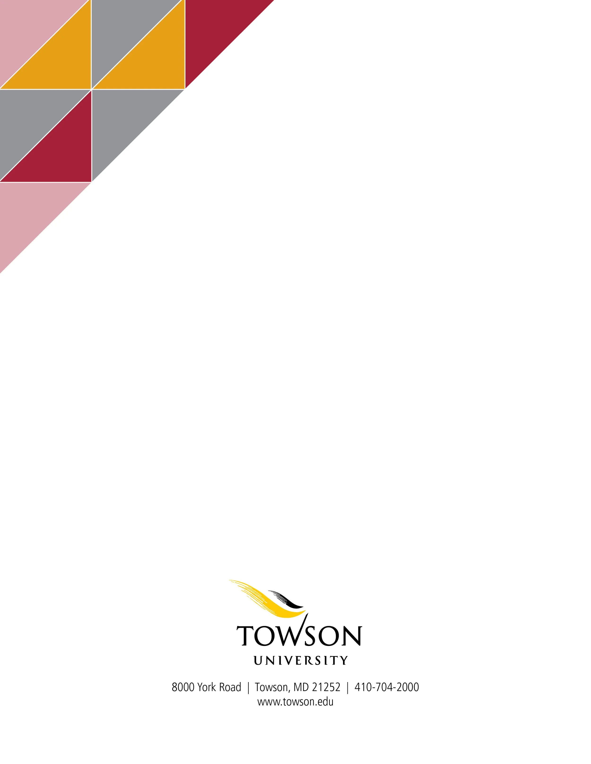 Towson University letterhead with the university logo and contact information at the bottom, featuring geometric design elements in red, gray, pink, and gold at the top left corner.
