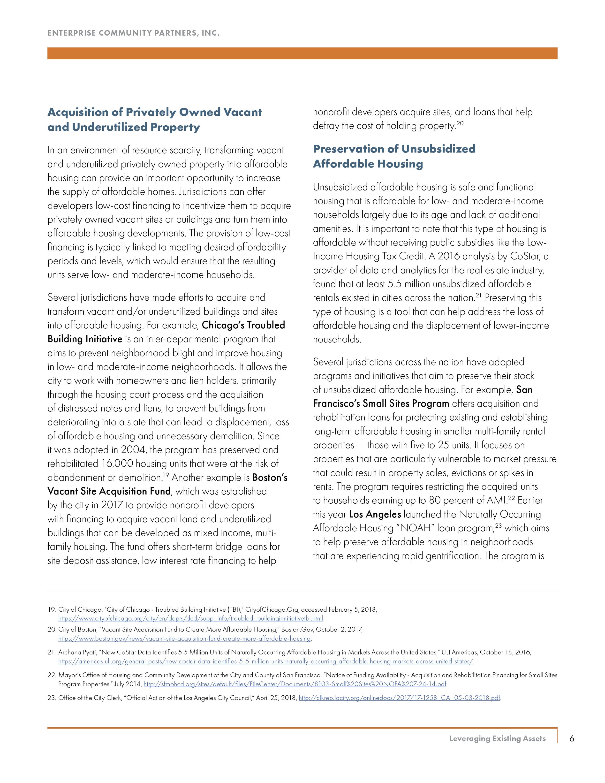 A page from a report or brochure titled 'Acquisition of Privately Owned Vacant and Underutilized Property' with text discussing affordable housing initiatives and programs in various cities.
