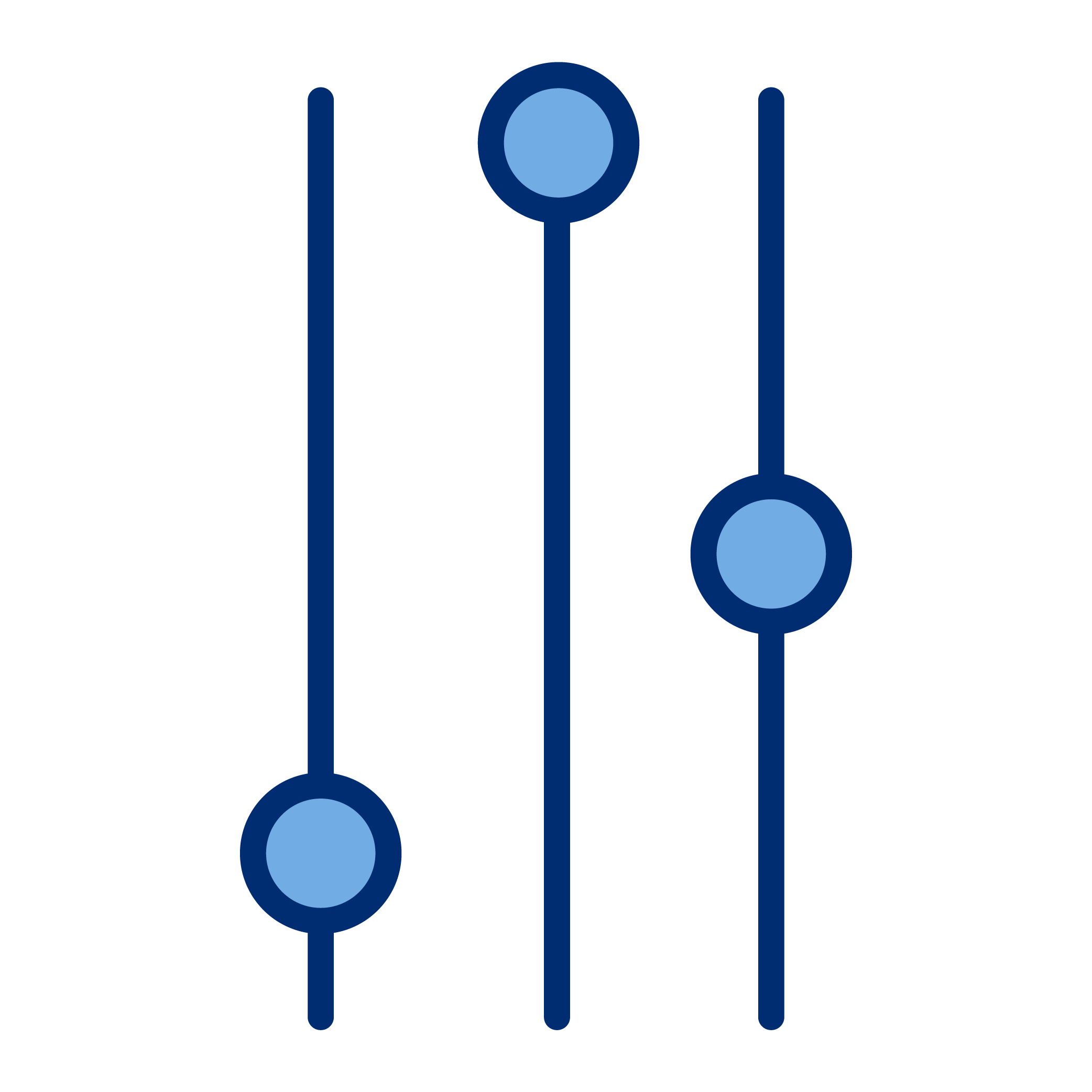 Graphic of three vertical sliders with circular handles in shades of blue, representing a control interface.
