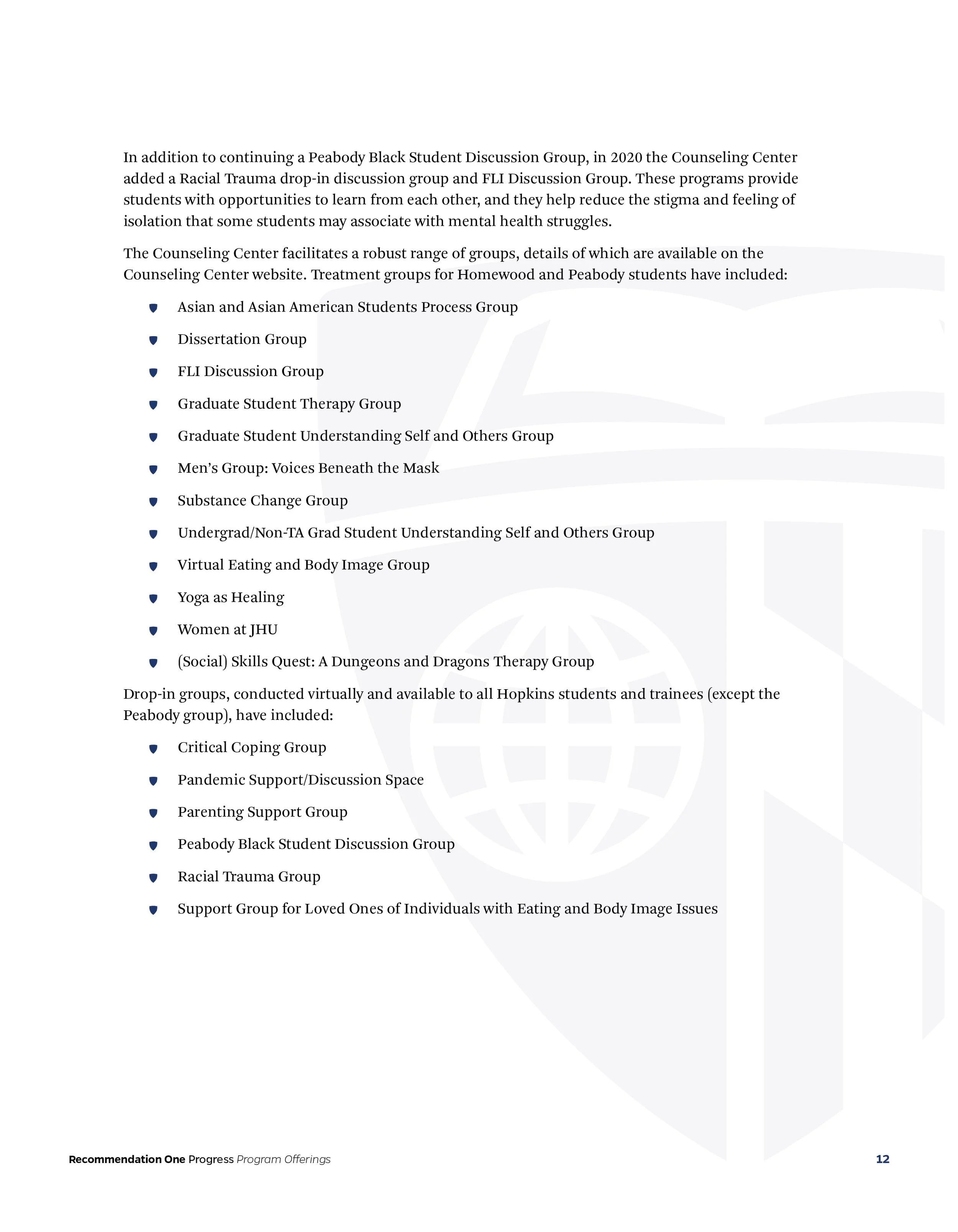 Text explaining various mental health and support groups offered by the Counseling Center at Hopkins, including drop-in groups, virtual groups, and specialized support for different student populations.
